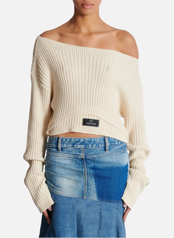 Crop top côtelé avec illusion doptique encolure bateau Beige by BALMAIN BALMAIN Crop top côtelé avec illusion doptique encolure bateau Beige