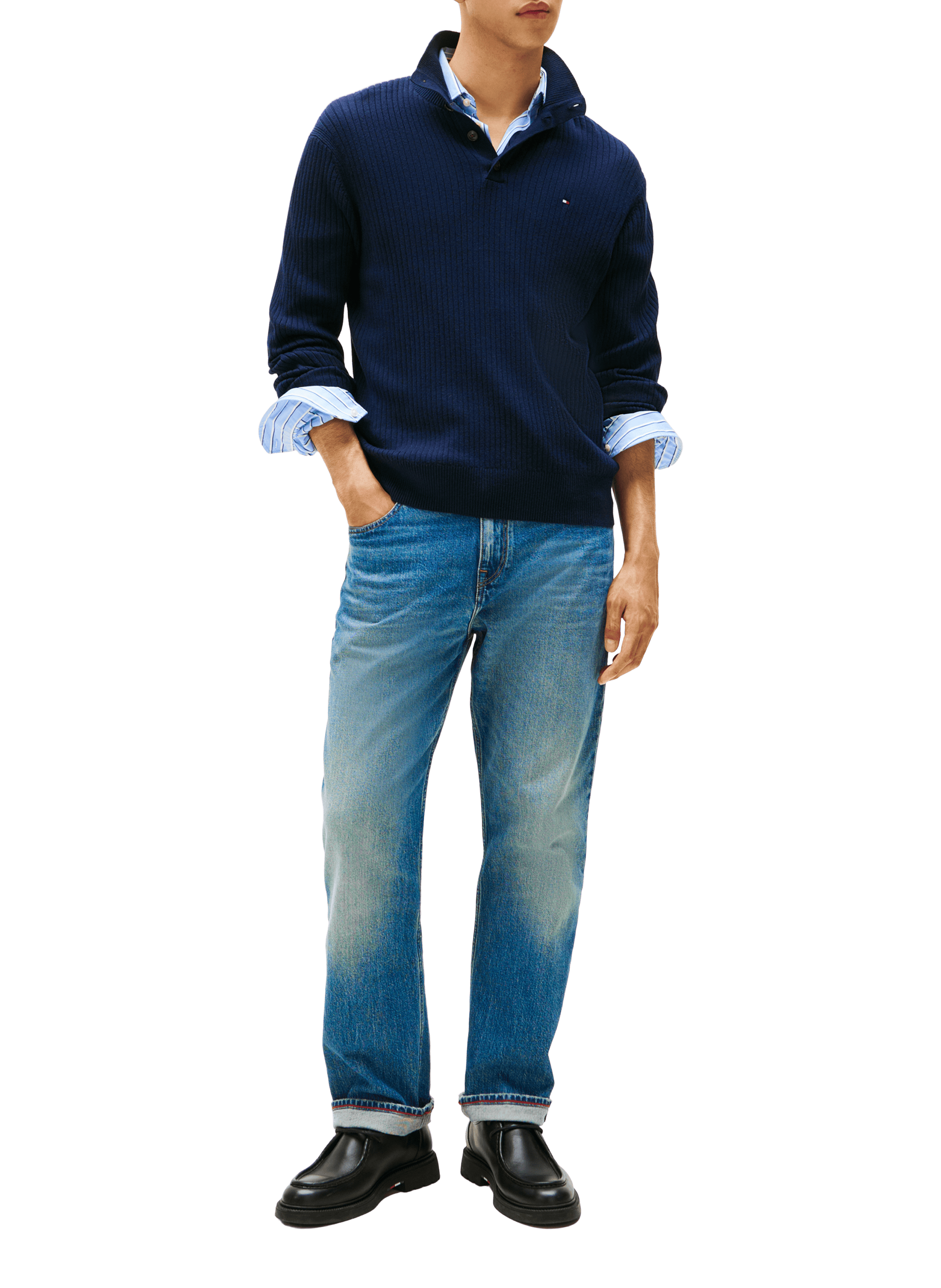 Buttoned collar sweater in cotton and cashmere TOMMY HILFIGER Blue