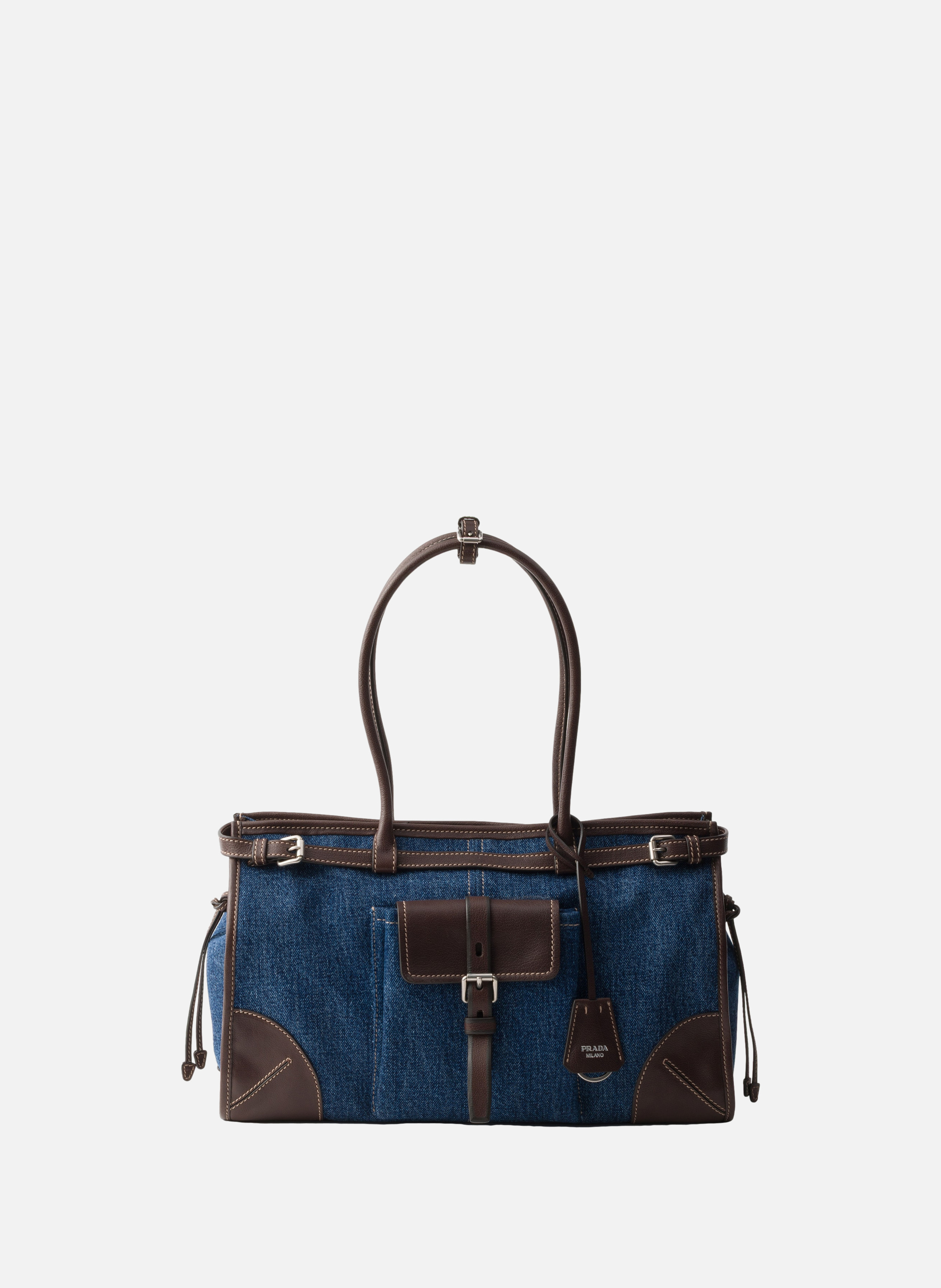 Grand sac à main prada bonnie en denim et cuir PRADA Bleu