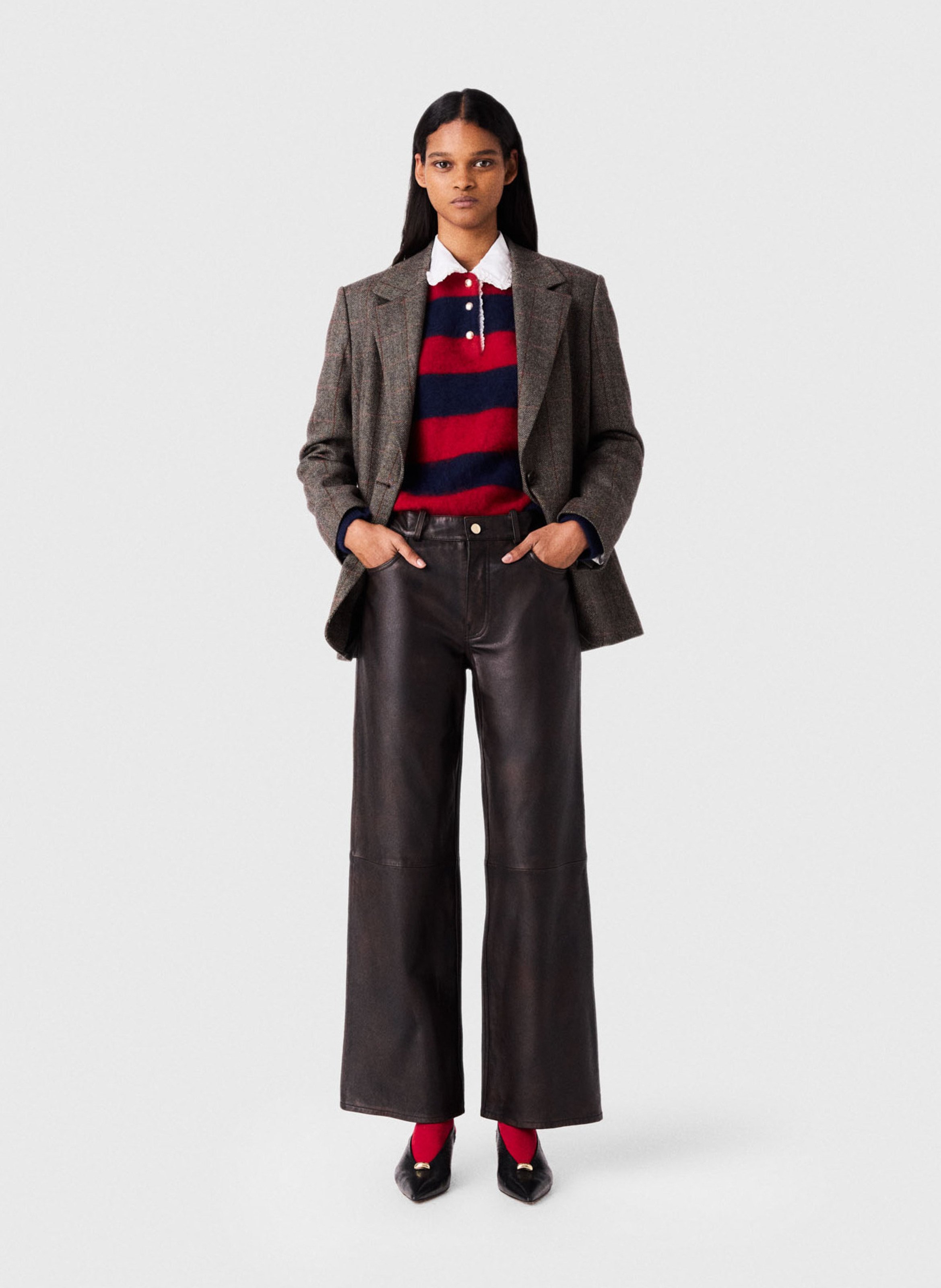 Pantalon droit en cuir MAJE Marron