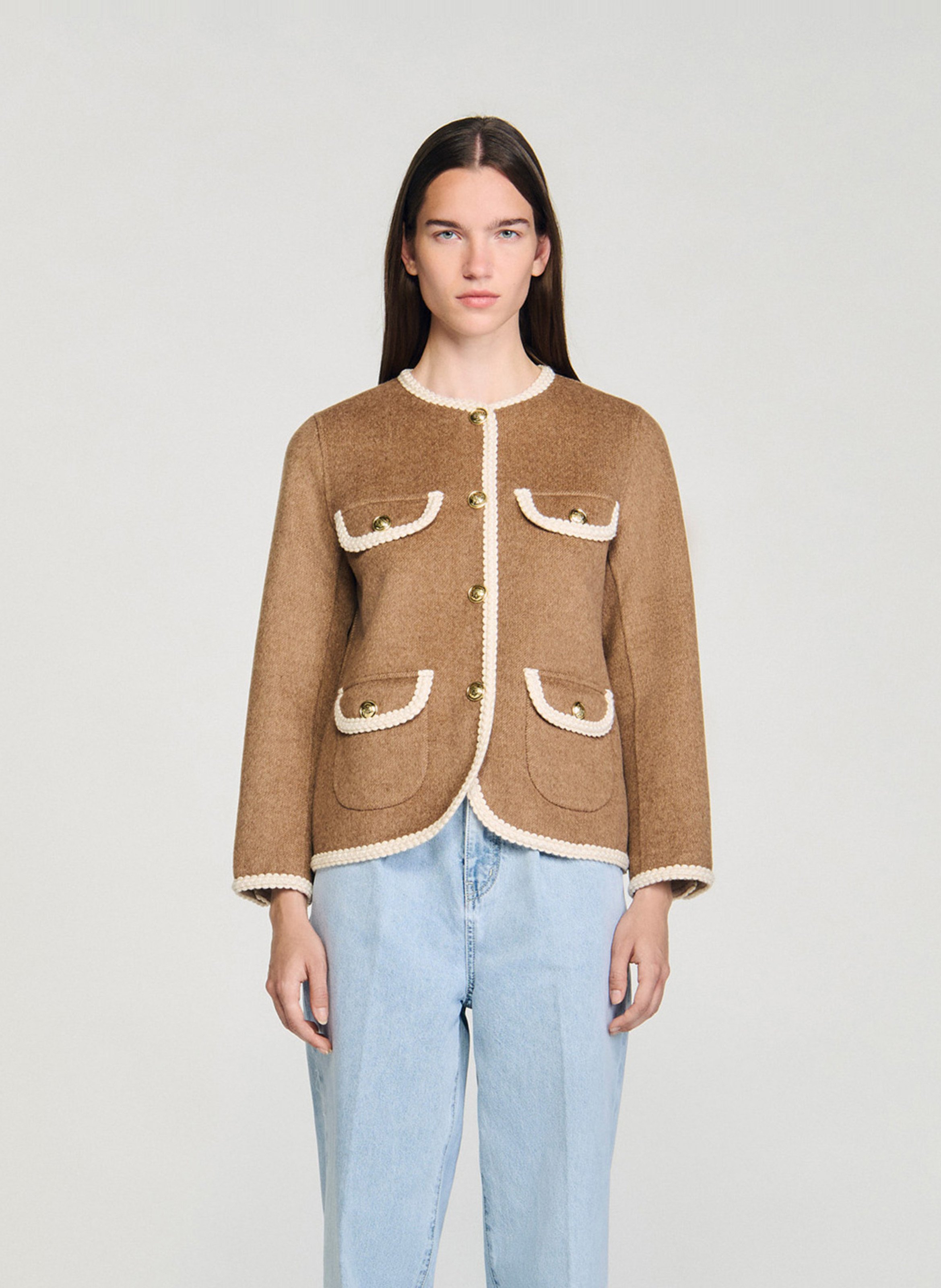 Manteau droit en laine mélangée SANDRO Marron