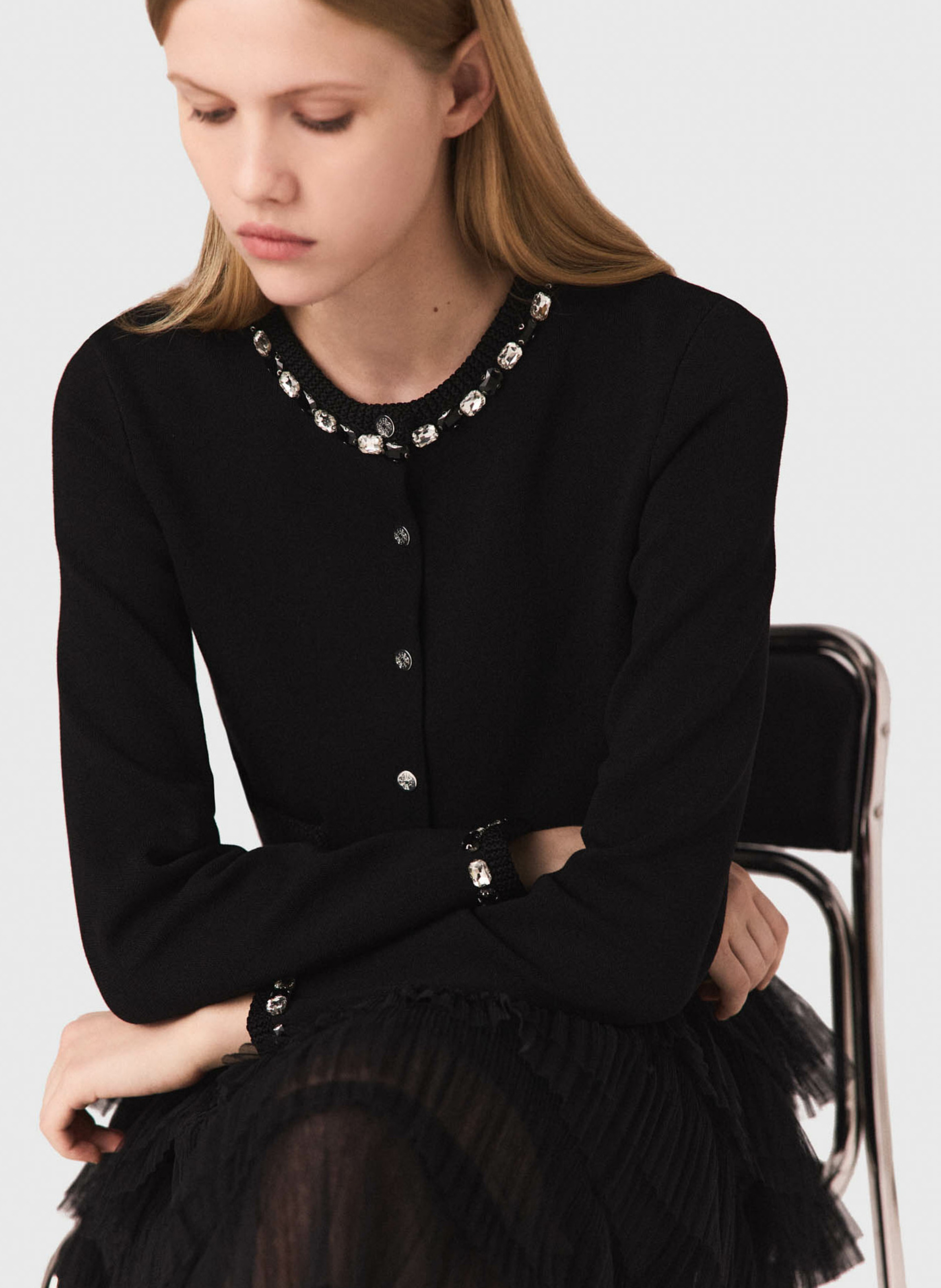 Cardigan droit col rond en maille MAJE Noir