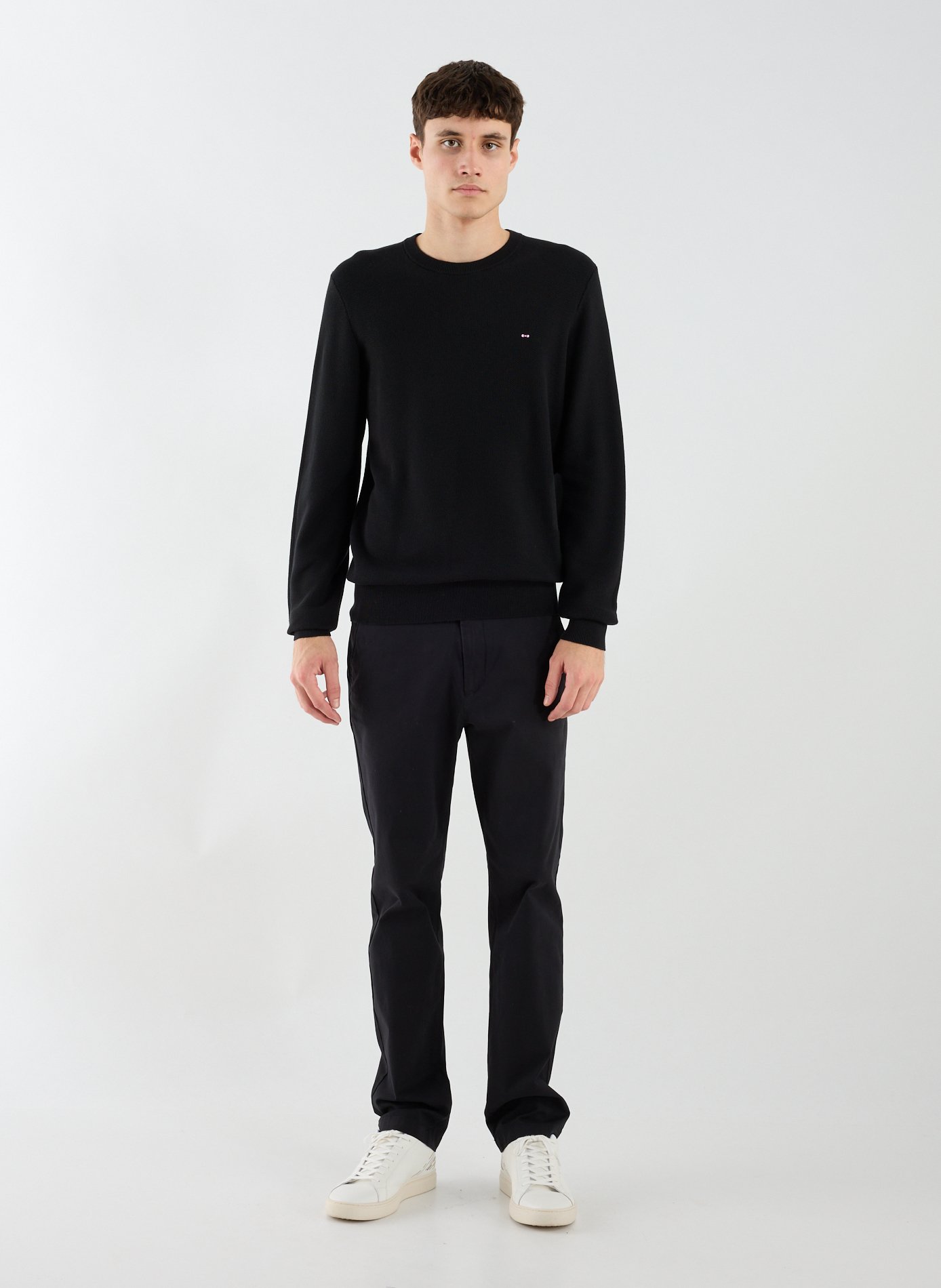 Pull col rond à broderie en coton EDEN PARK Noir