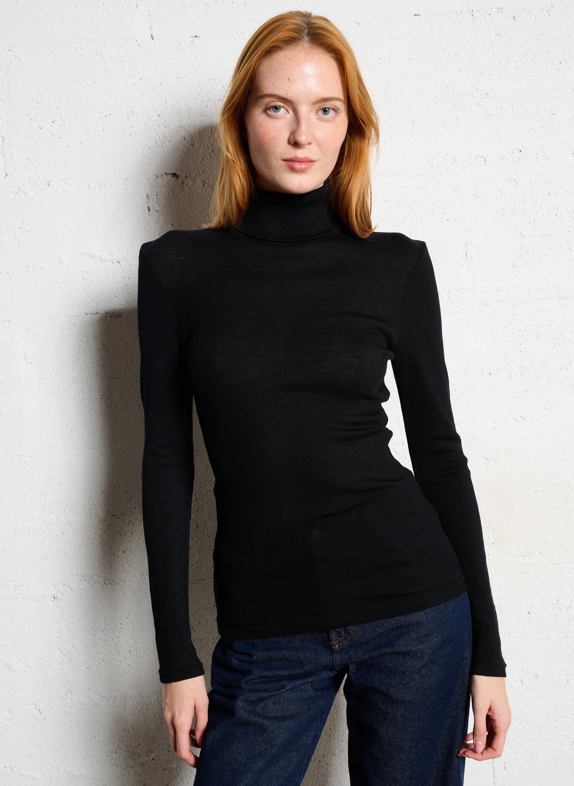 Pull moulant col roulé en laine et soie ARMOR-LUX Noir