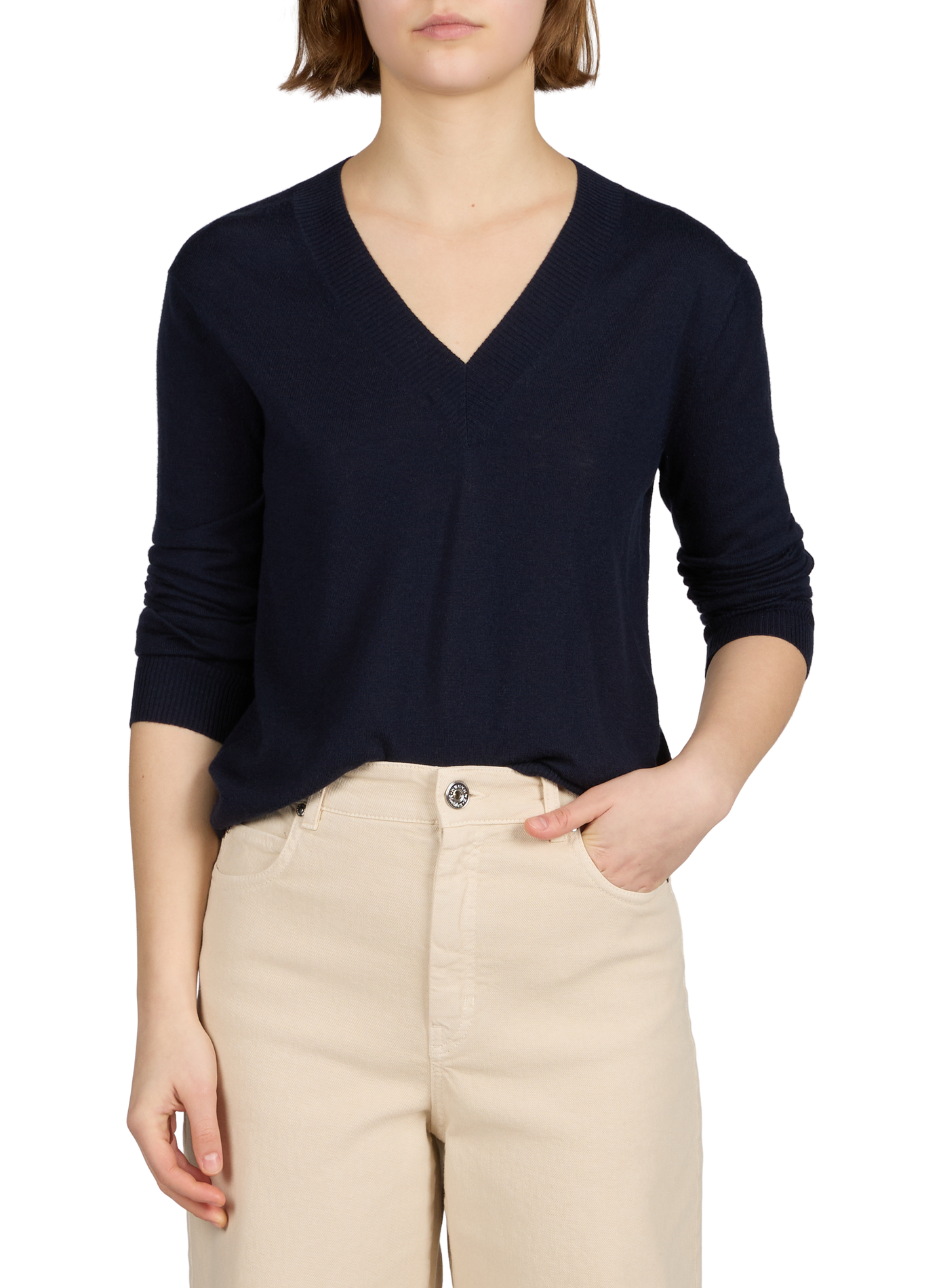 Pull col V en laine et cachemire MAX MARA WEEK END Bleu