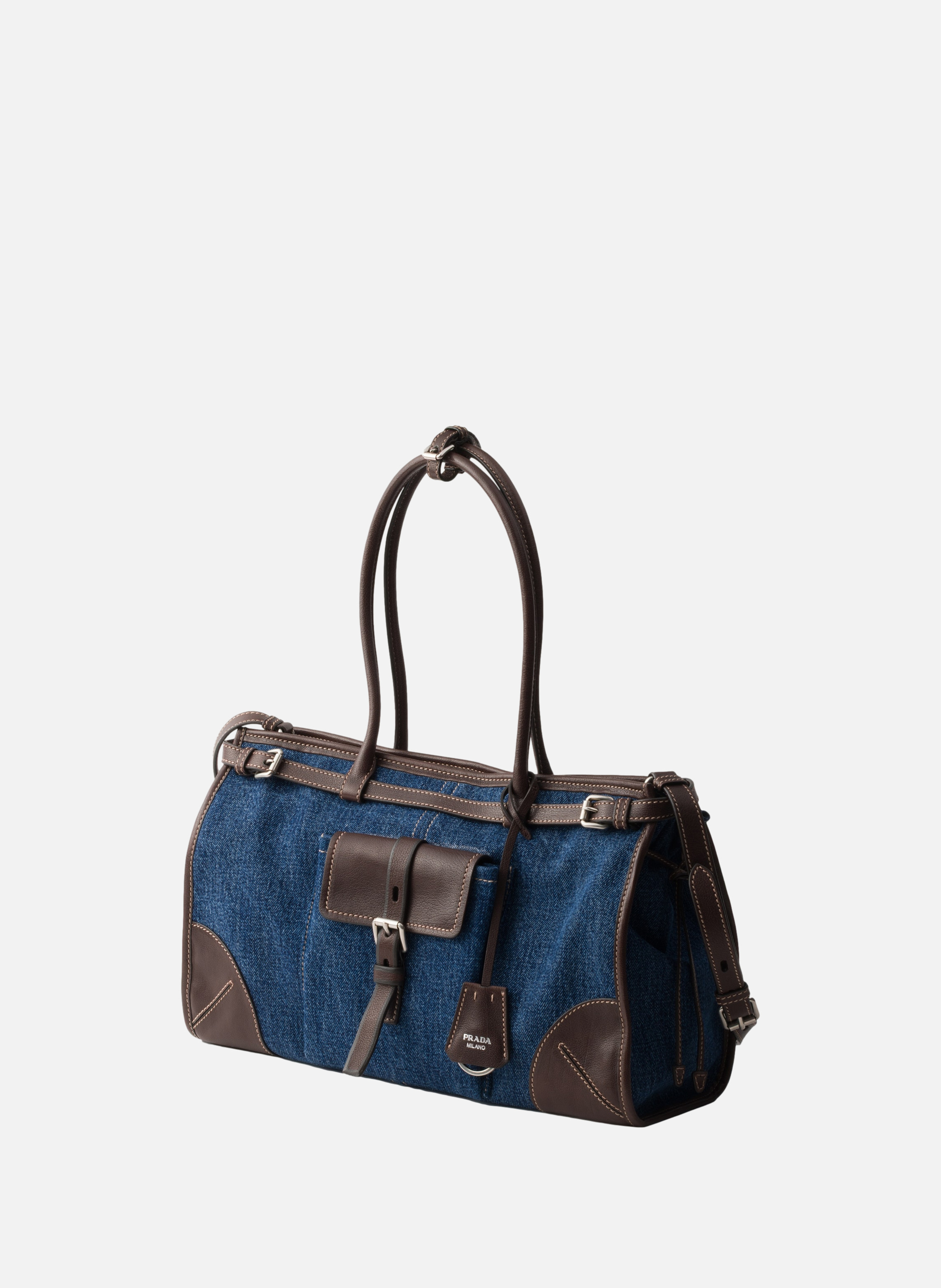 Grand sac à main prada bonnie en denim et cuir PRADA Bleu