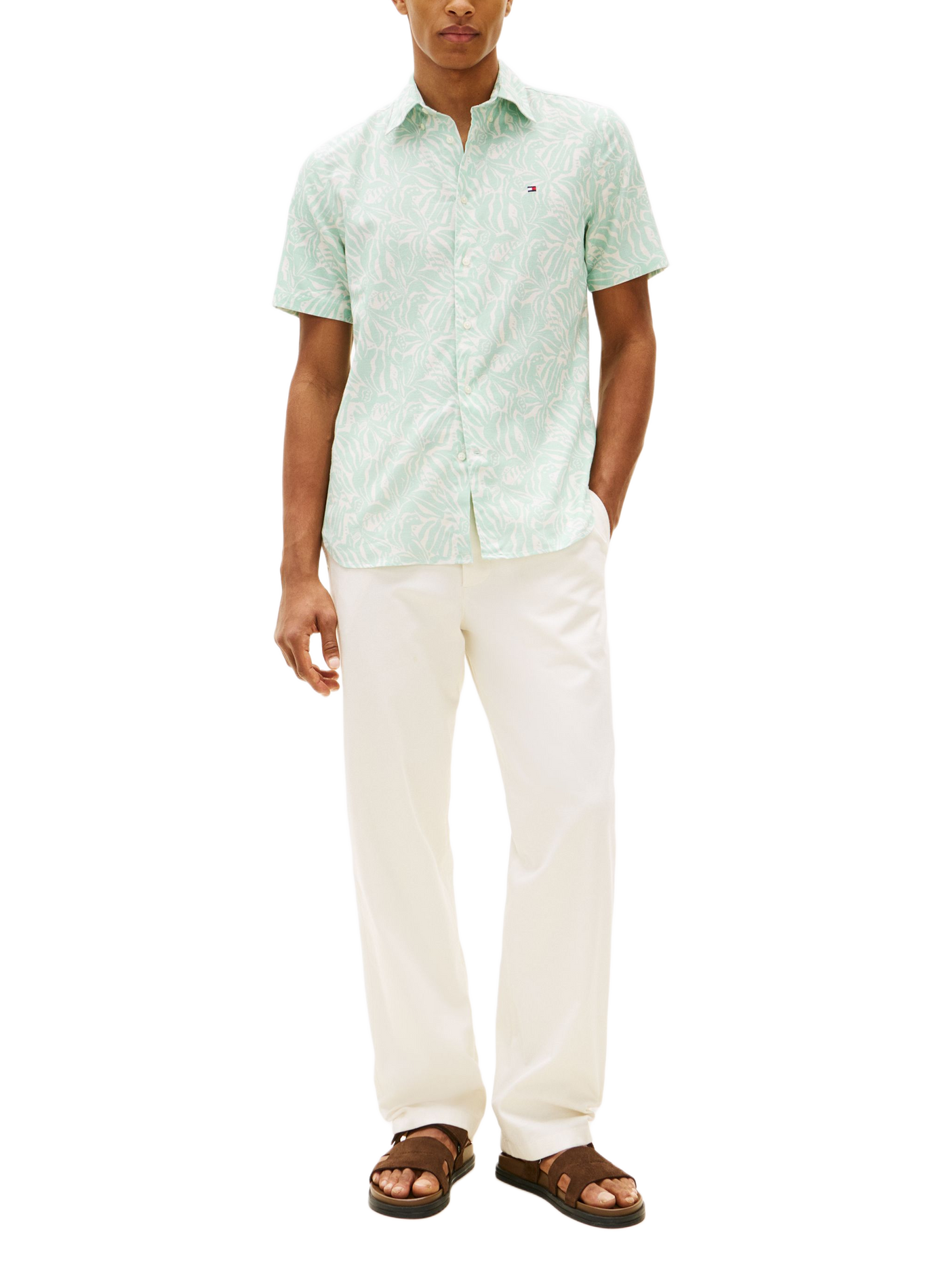 Chemise manches courtes à fleurs en coton et lin TOMMY HILFIGER Green