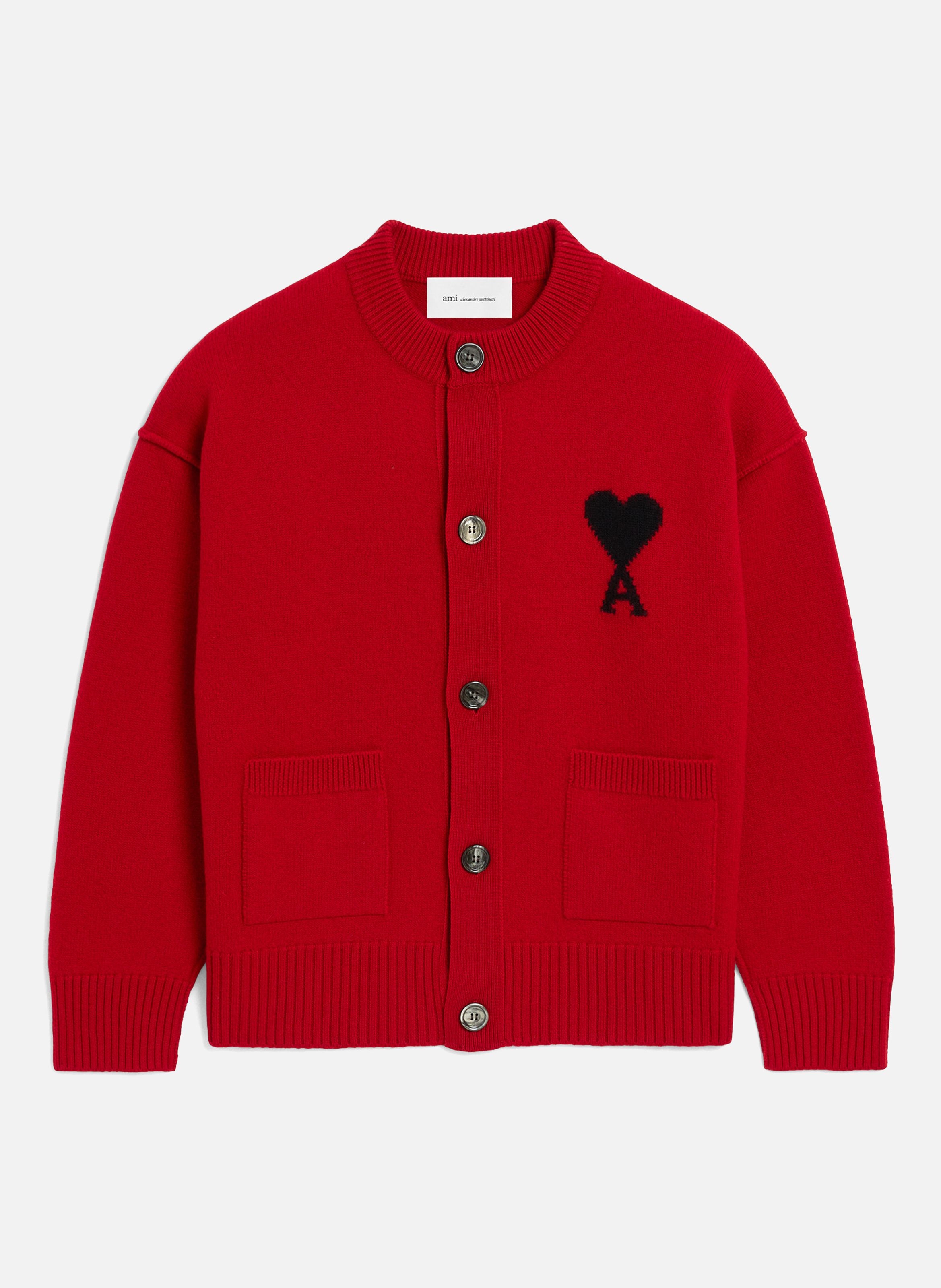 Cardigan col rond unisexe en laine ami de coeur AMI PARIS Rouge