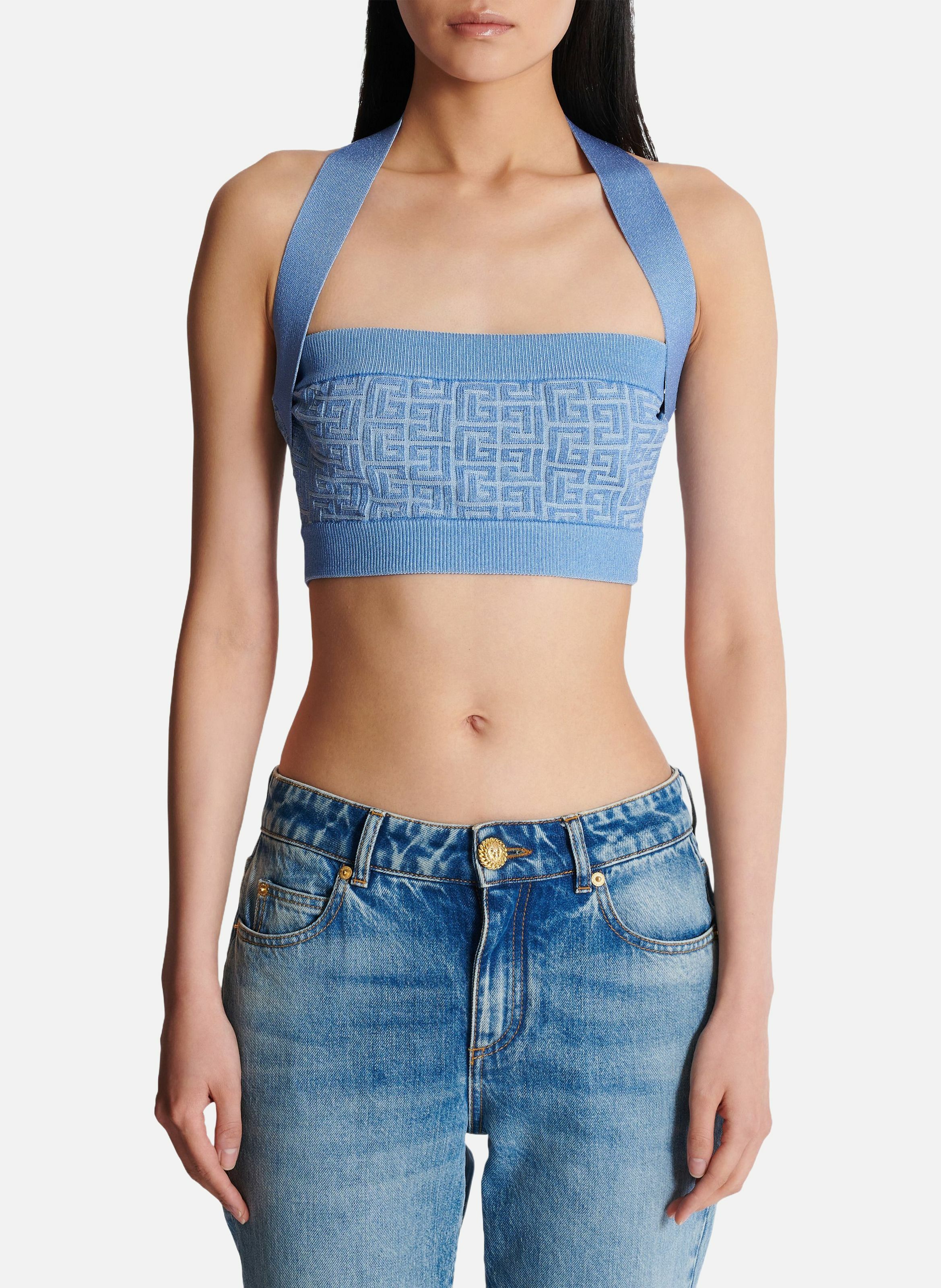 Top dos-nu en maille à monogramme pb labyrinthe BALMAIN Bleu