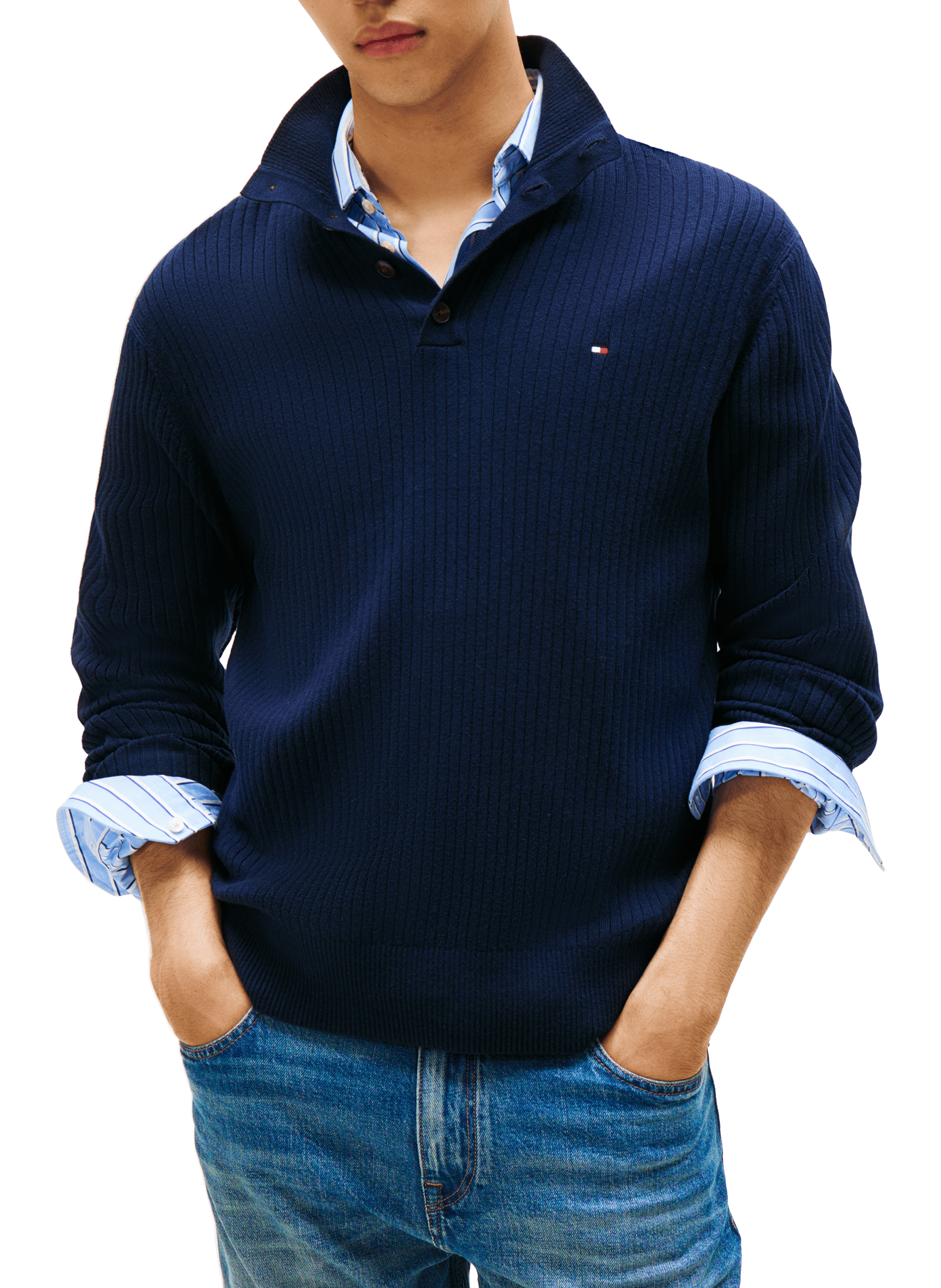 TOMMY HILFIGER Pull col boutonné en coton et cachemire Bleu