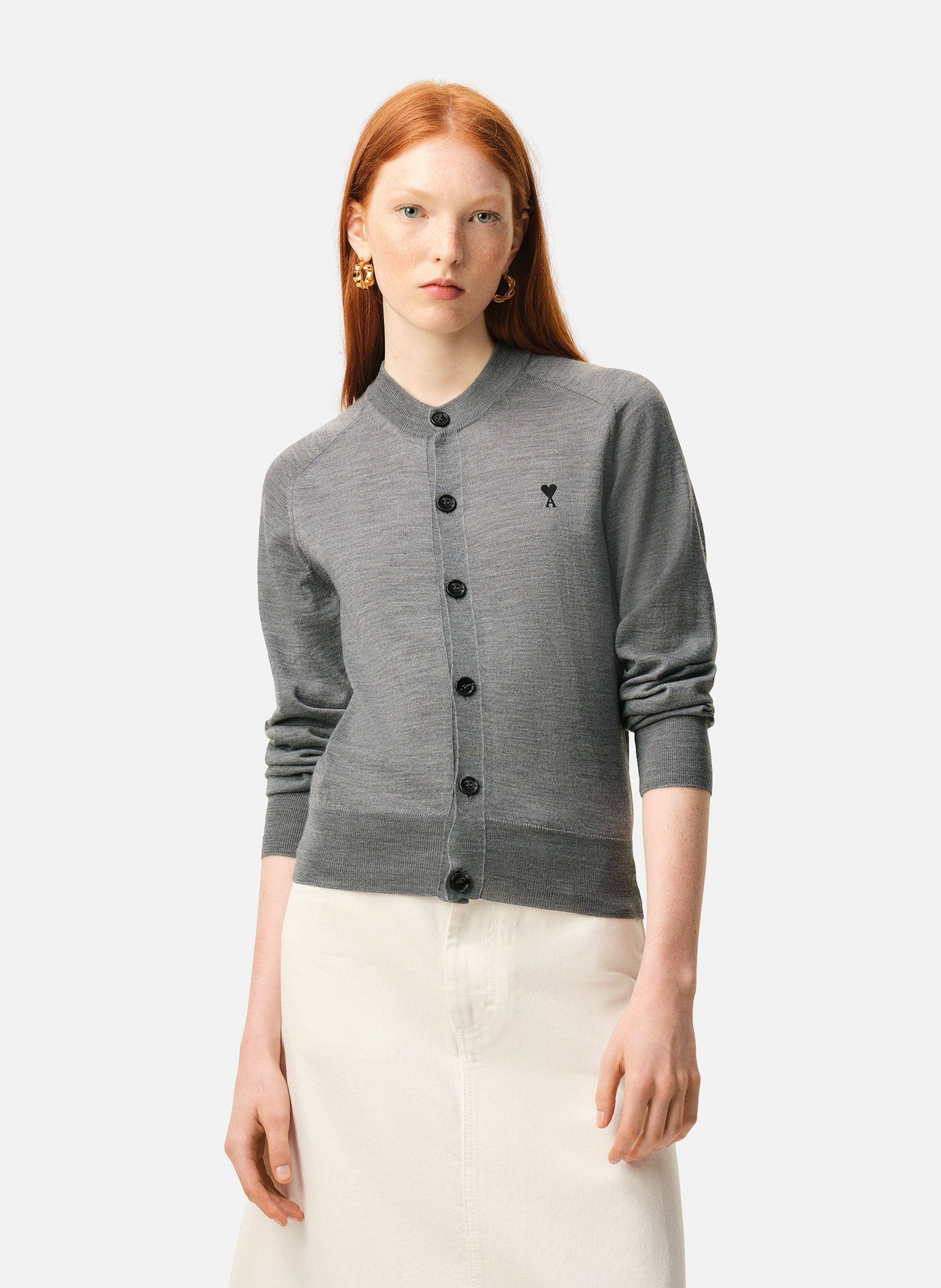 Cardigan col rond avec ami de coeur en laine AMI PARIS Gris