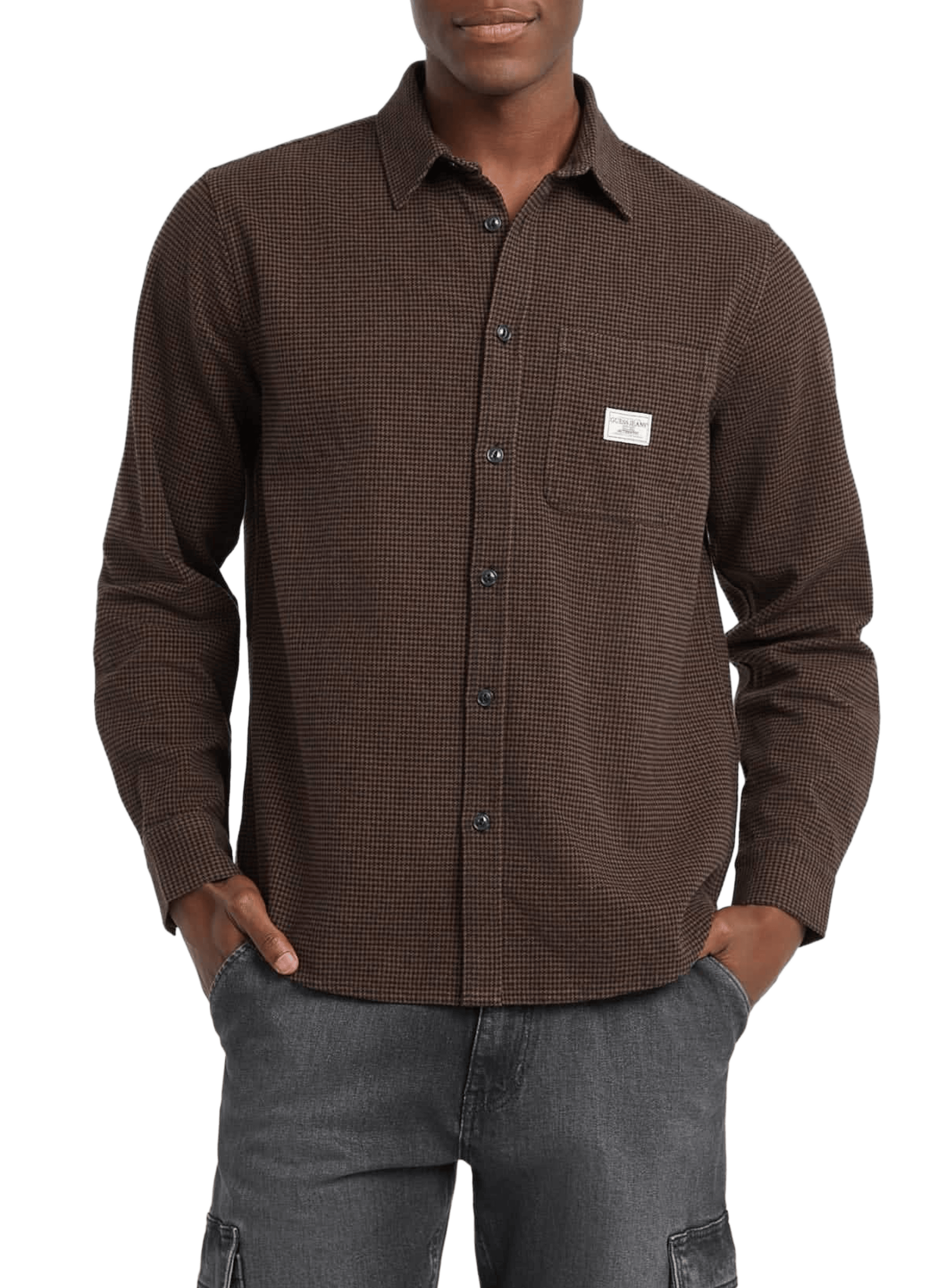 GUESS Houndstooth shirt with classic collar in cotton Brown