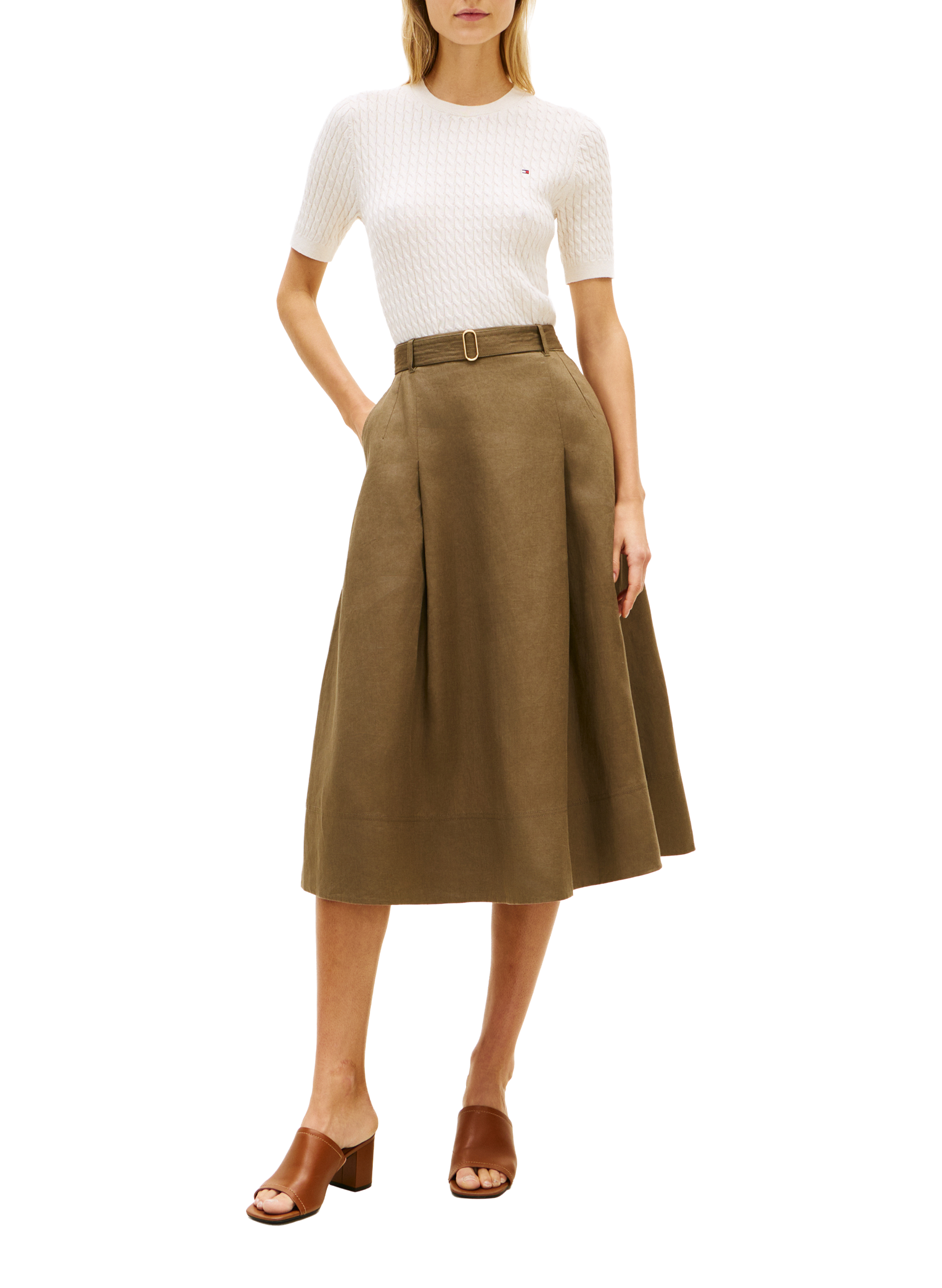 Jupe midi évasée en lin TOMMY HILFIGER Vert