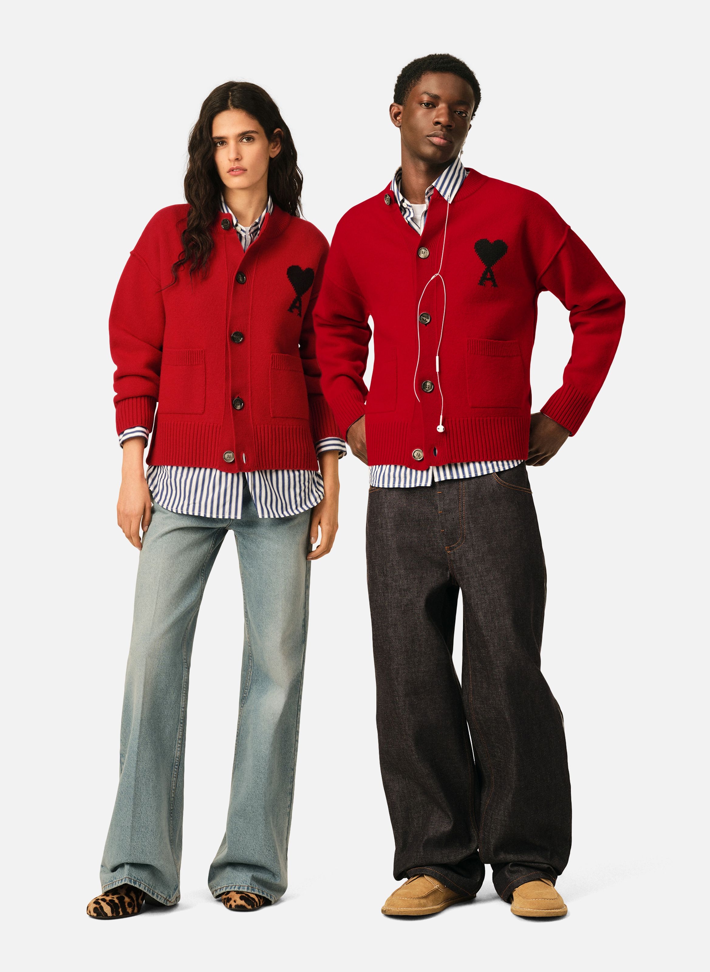 Cardigan col rond unisexe en laine ami de coeur AMI PARIS Rouge
