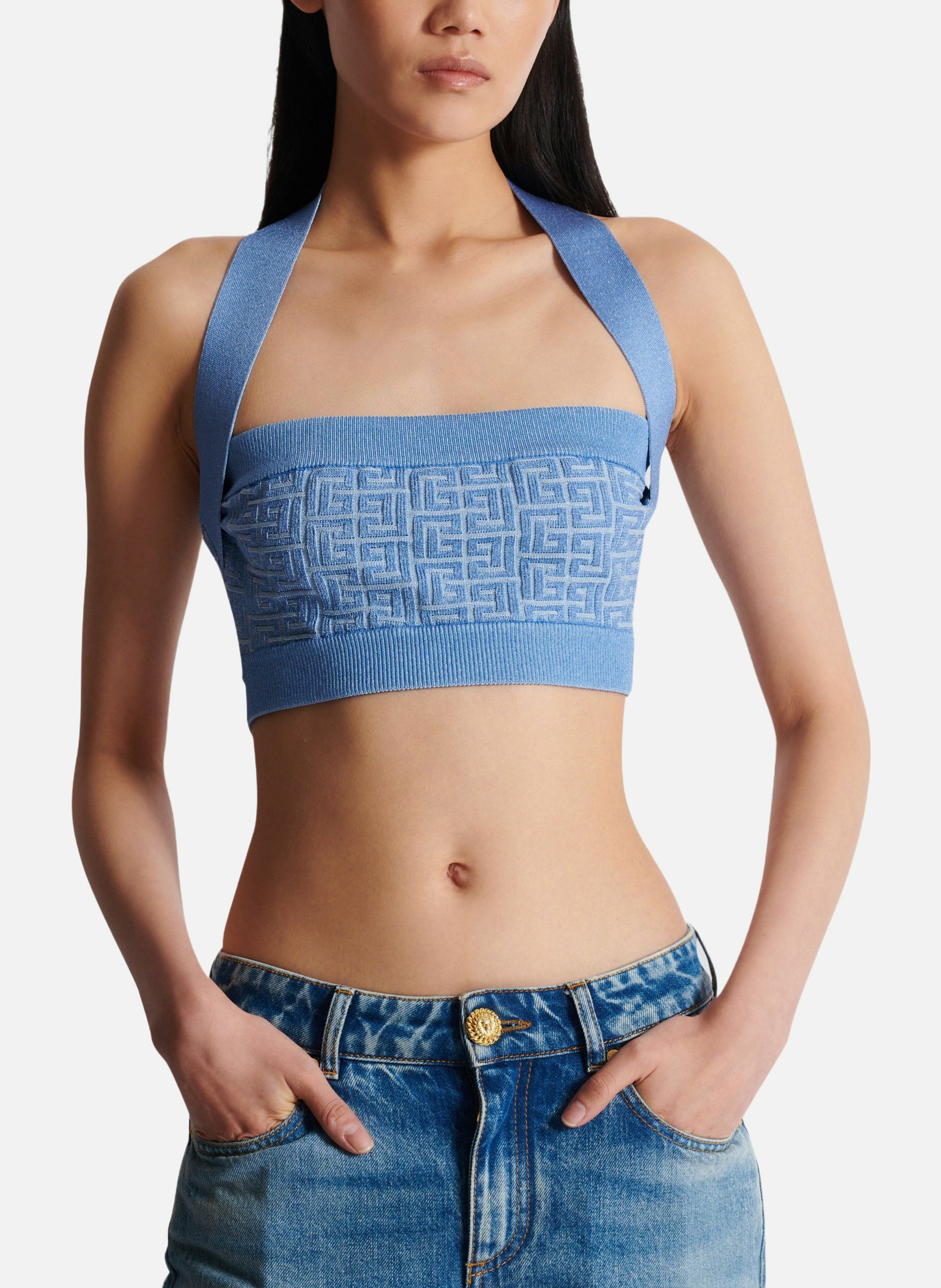 Top dos-nu en maille à monogramme pb labyrinthe BALMAIN Bleu