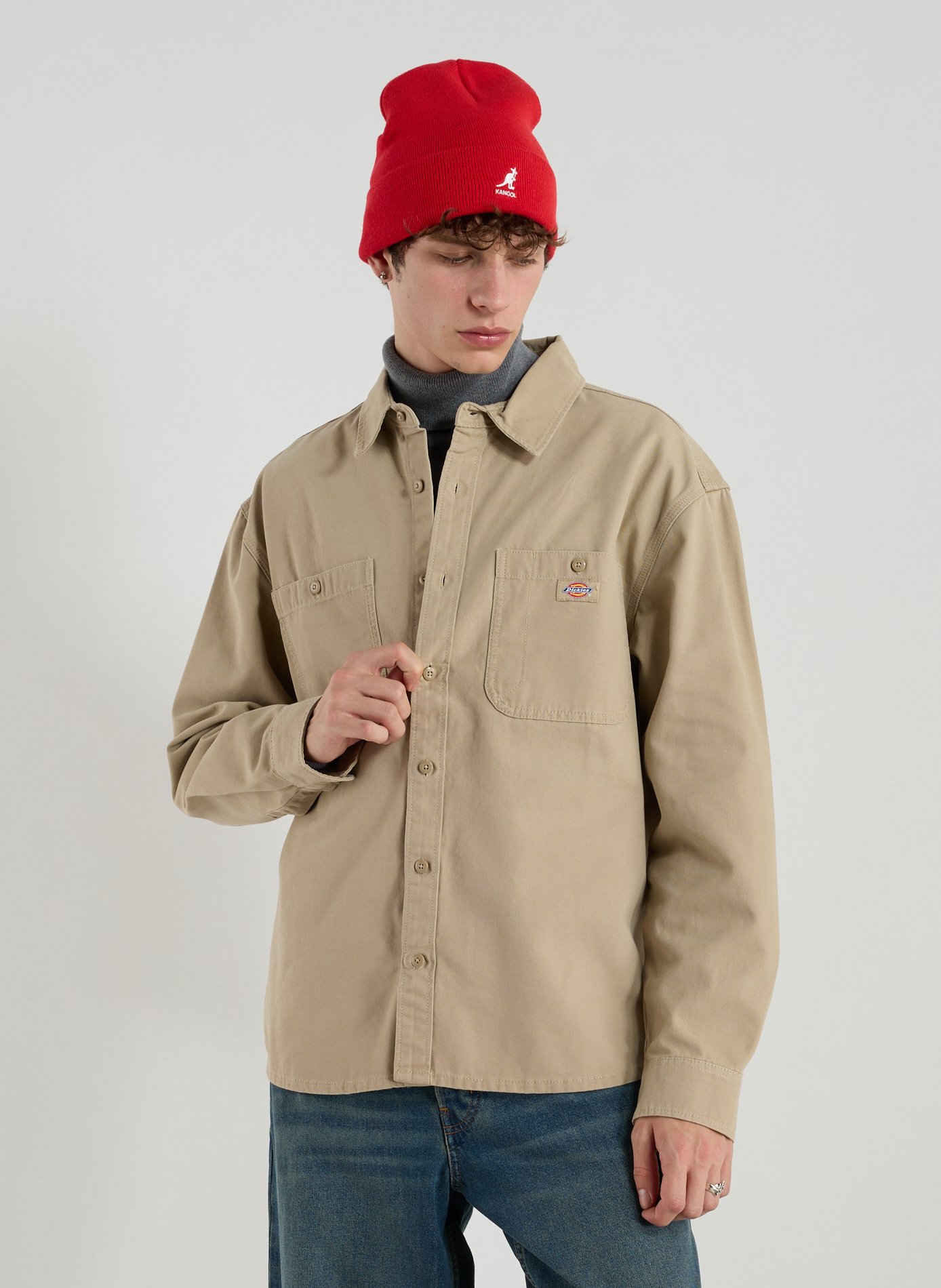 DICKIES Chemise col classique manches contrastantes en coton Beige