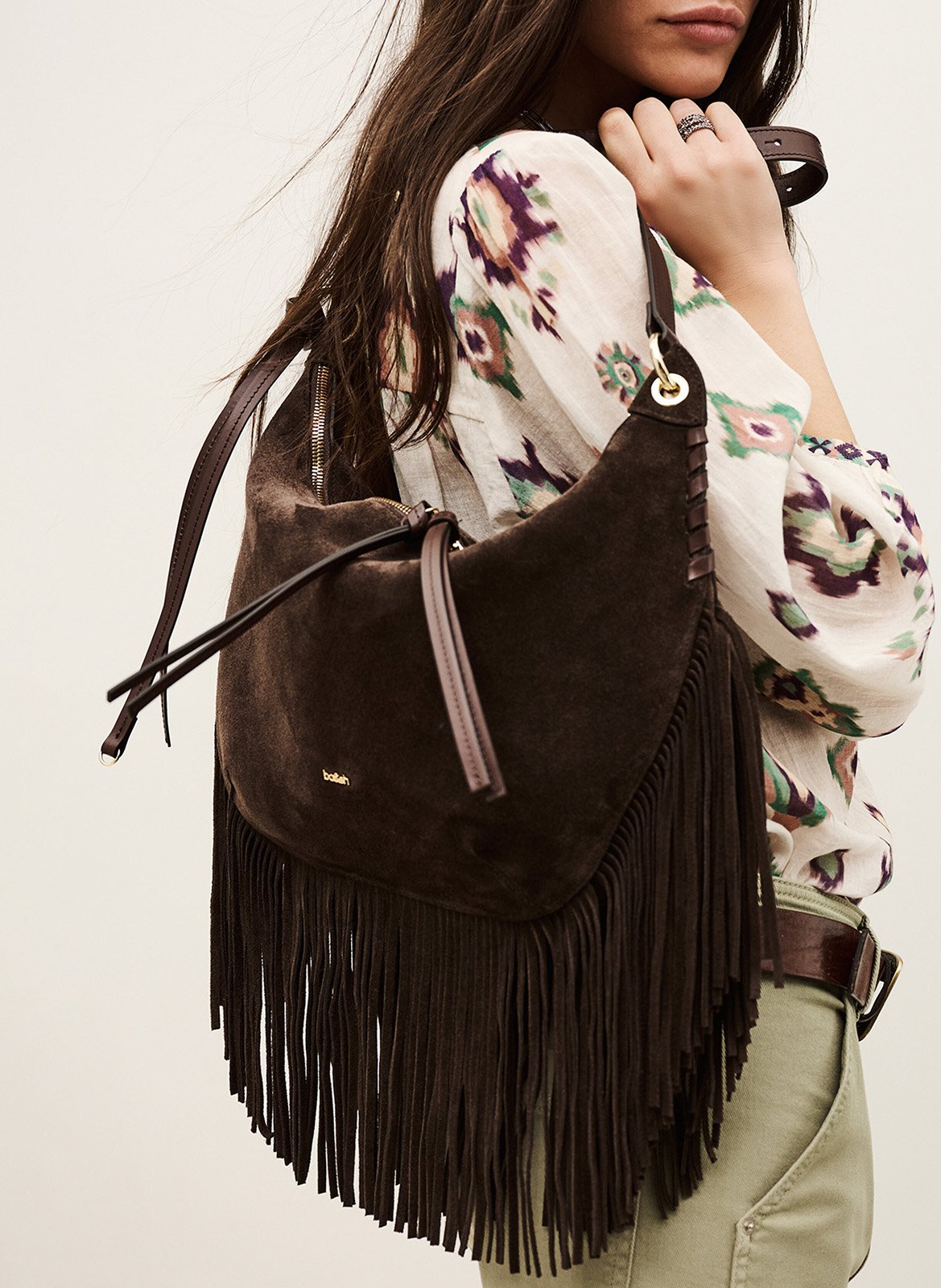 Sac porté épaule en cuir suede swing franges BA&SH Marron