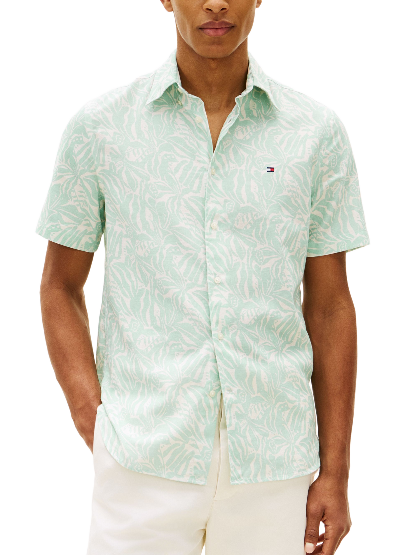 Chemise manches courtes à fleurs en coton et lin TOMMY HILFIGER Green