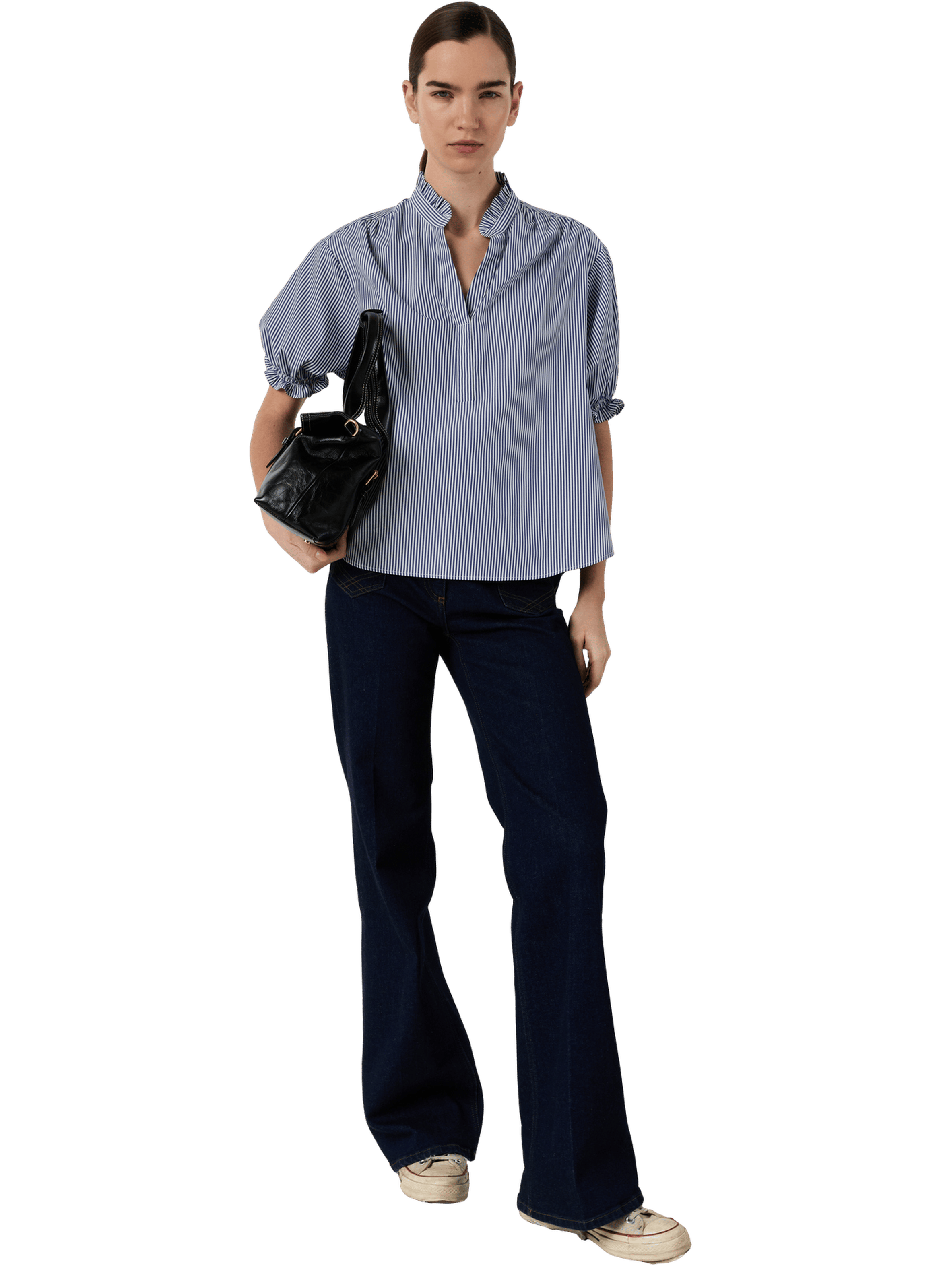 Blouse rayée à volants en popeline -  clee Bleu