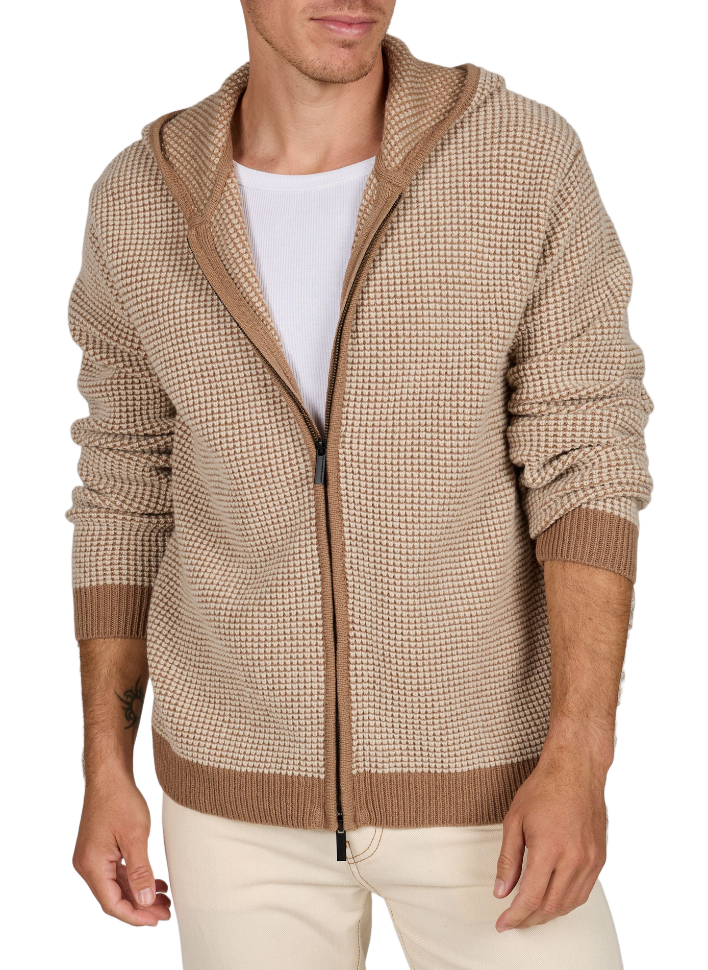 Gerade geschnittene Kapuzen-Strickjacke mit Reißverschluss KNOWLEDGE COTTON Grau