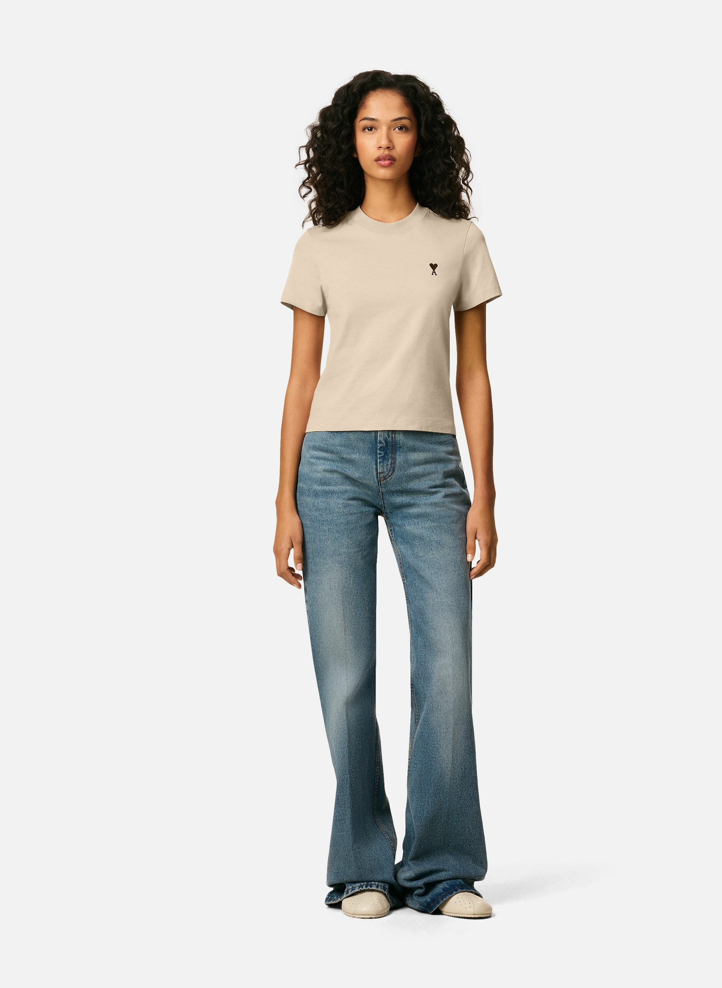 T-shirt Ami De Coeur Croppé En Coton Beige