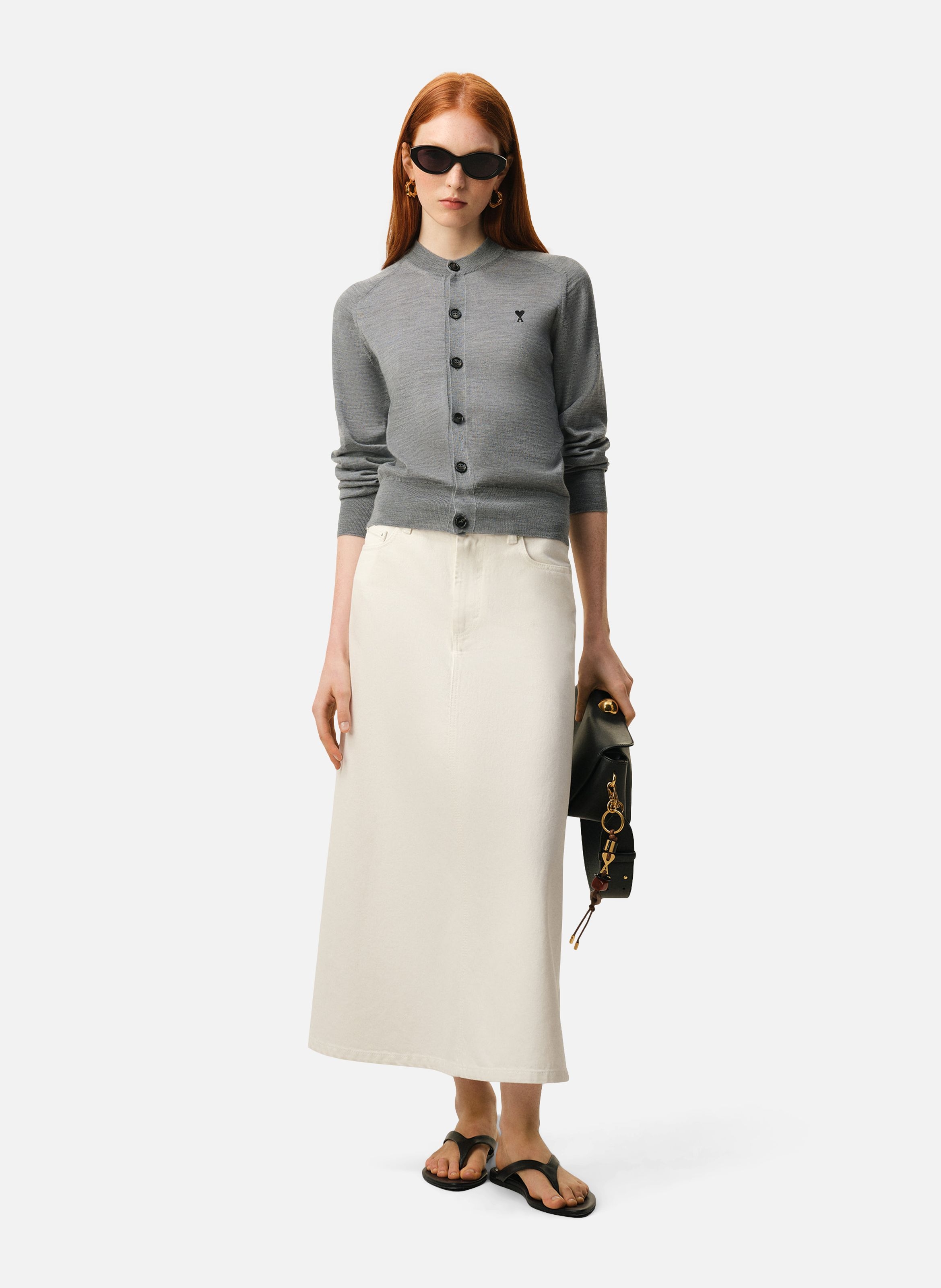 Cardigan col rond avec ami de coeur en laine AMI PARIS Gris