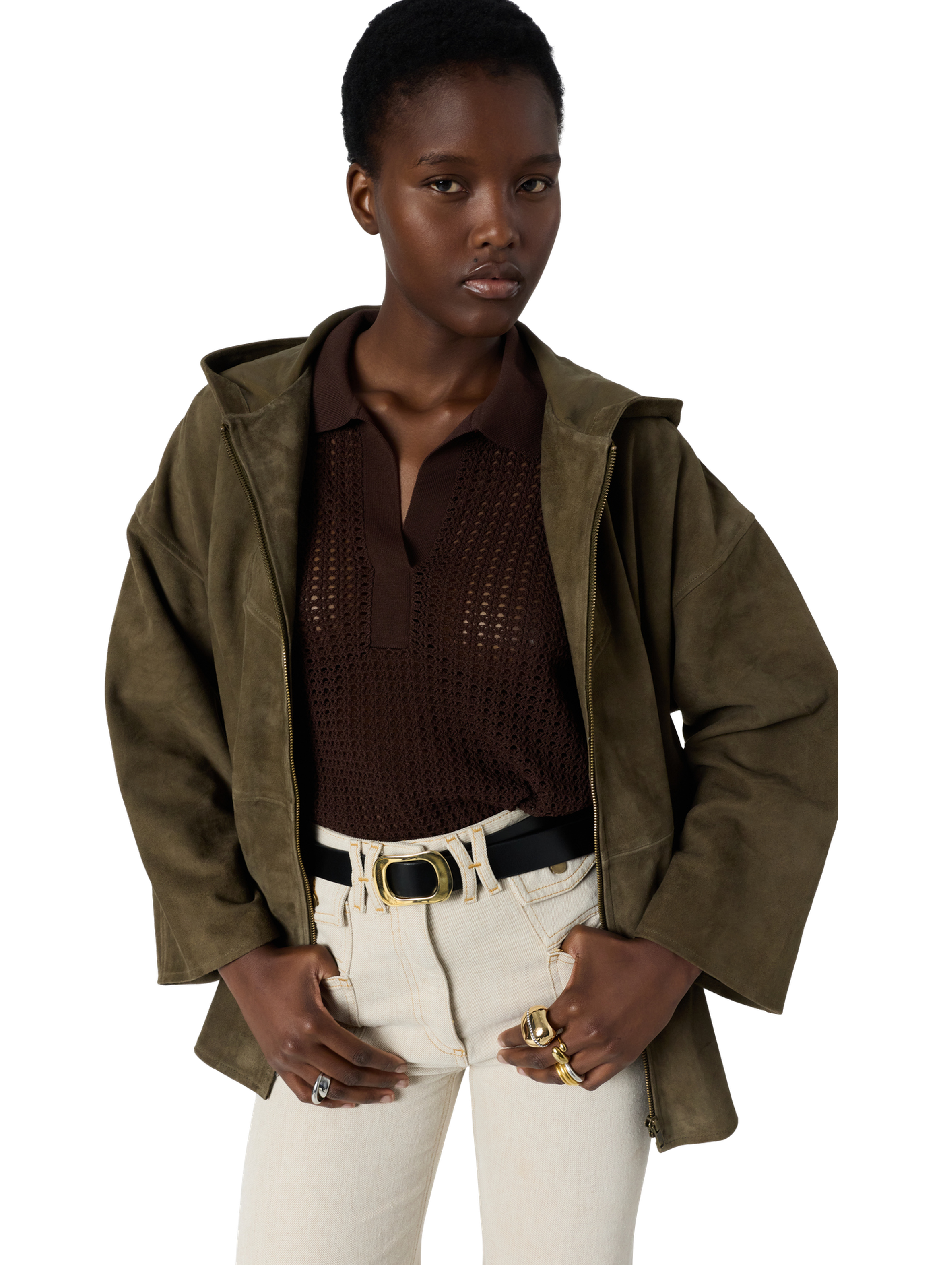 Manteau court à capuche en cuir velours - tassya GERARD DAREL Vert