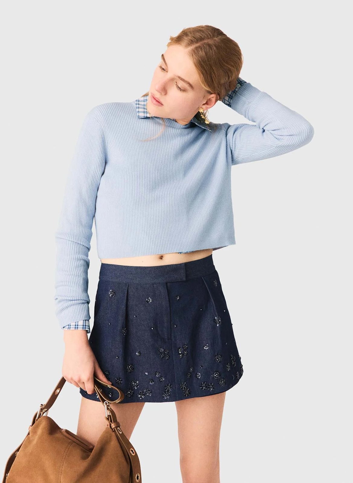 Pull côtelé uni en laine MAJE Bleu