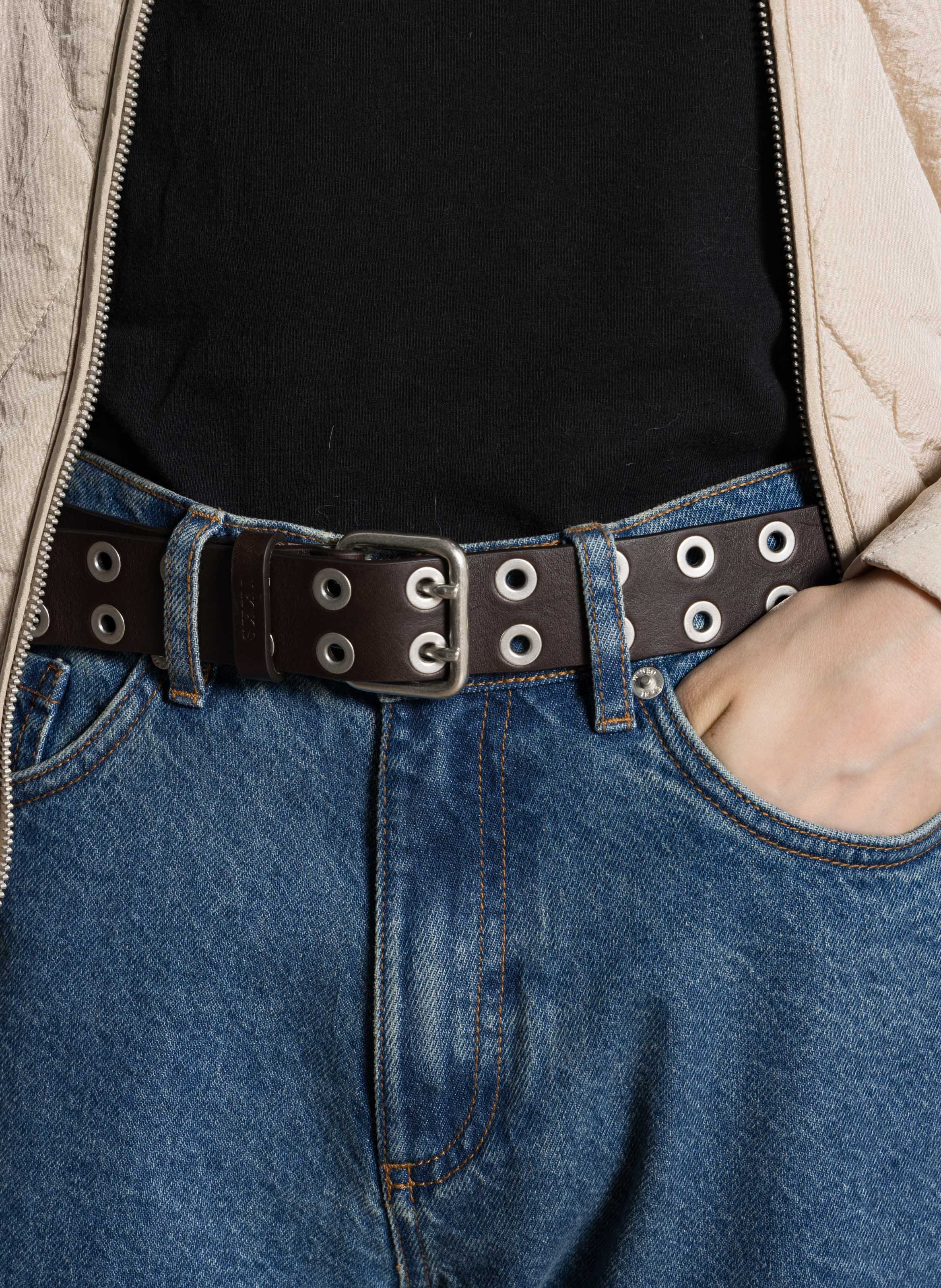 Ceinture unie en cuir à rivets IKKS Marron