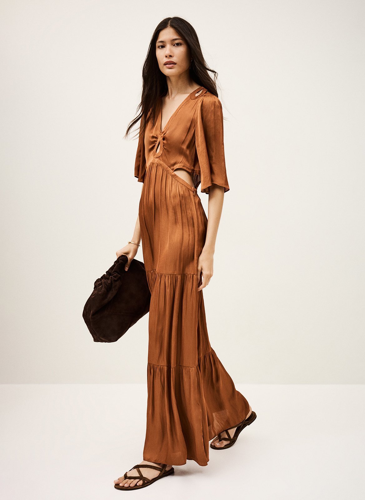 Robe longue col v satinée cylma BA&SH Rose