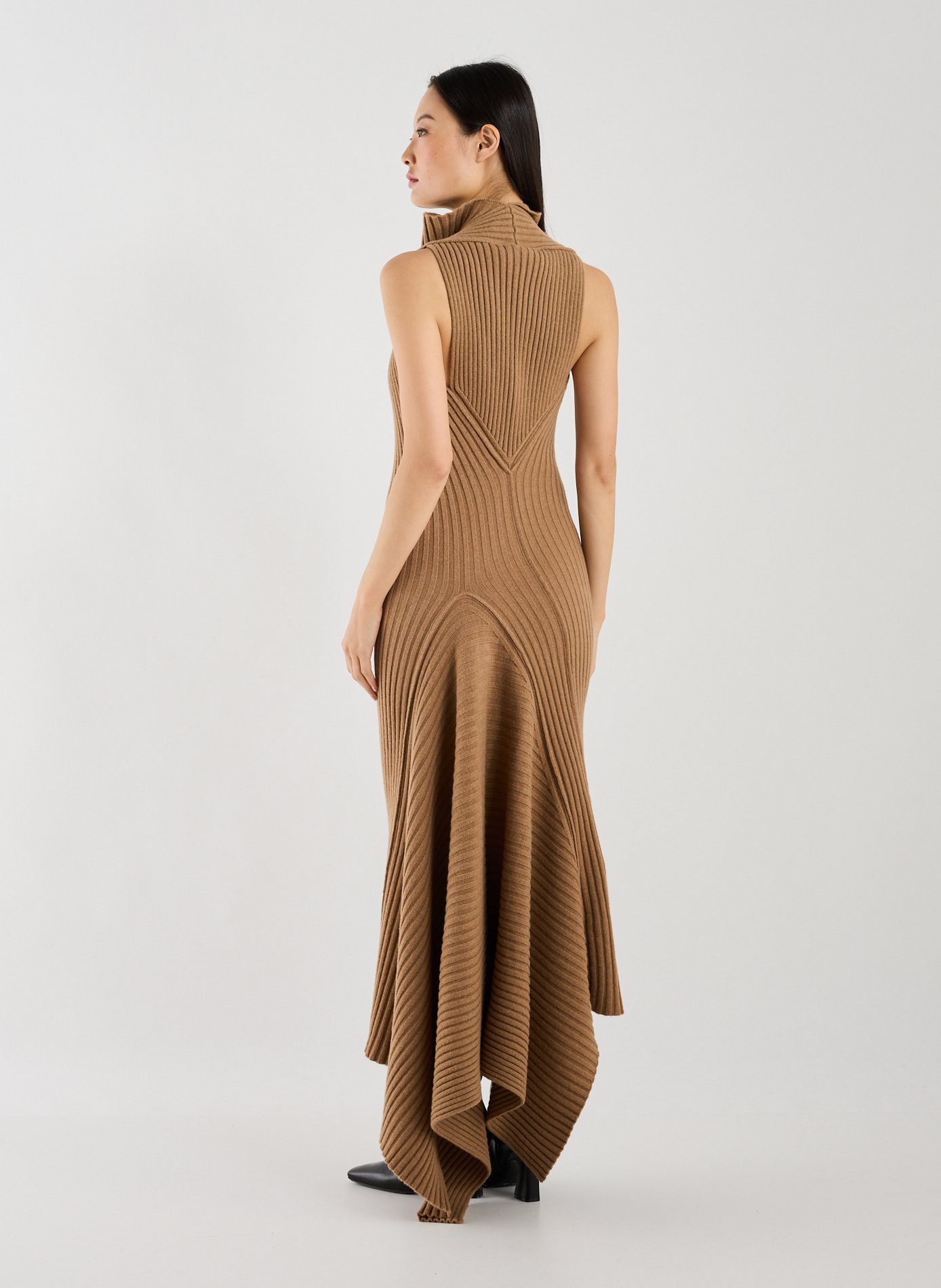 Asymmetric Ribbed Wool Blend Maxi Dress VICTORIA BECKHAM Beige