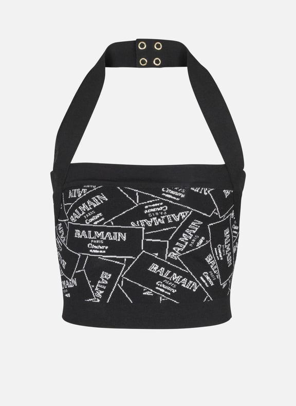 Top dos-nu en maille à motif étiquette balmain Noir by BALMAIN BALMAIN Top dos-nu en maille à motif étiquette balmain Noir