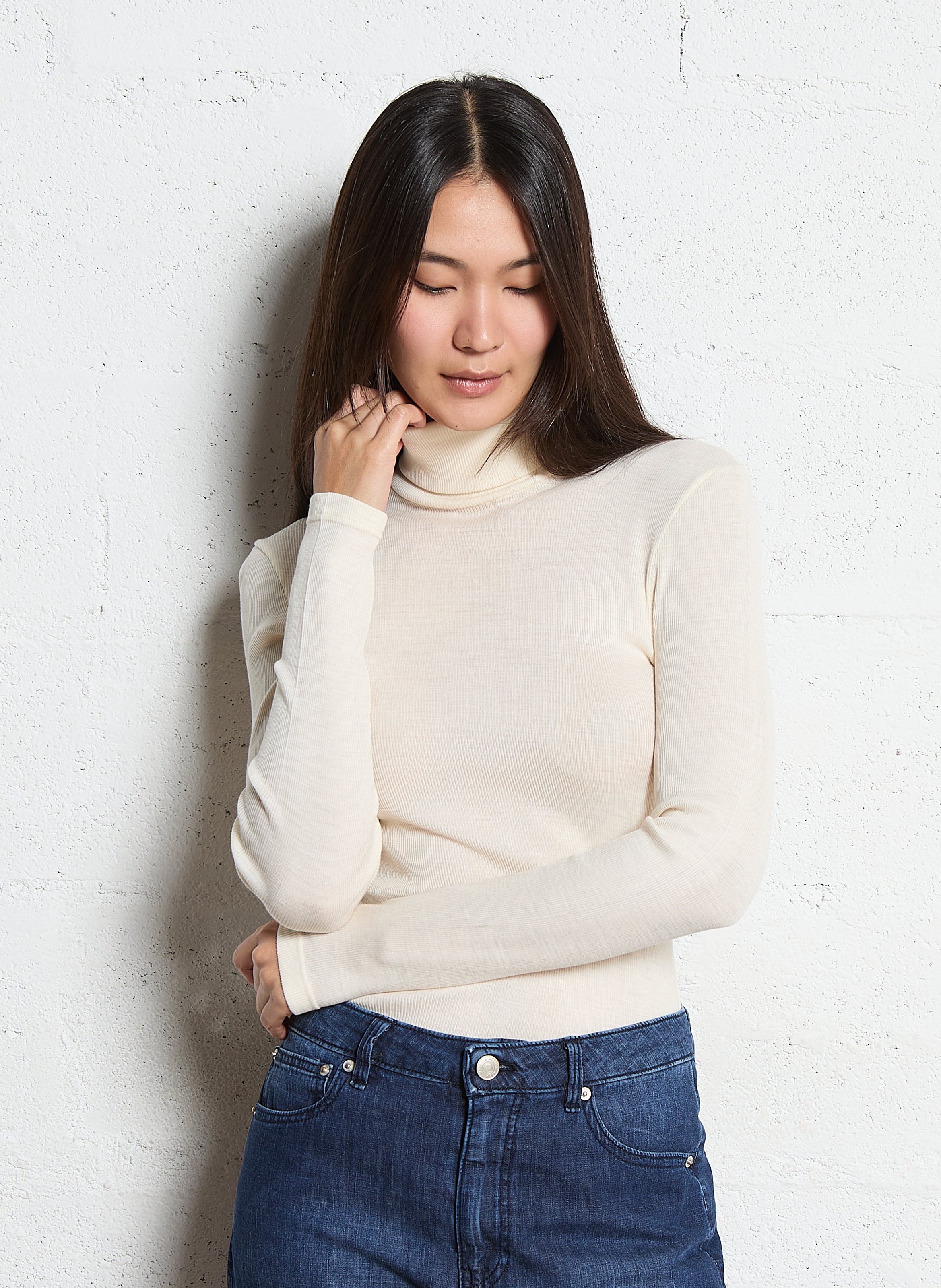 Pull moulant col roulé en laine et soie ARMOR-LUX Beige