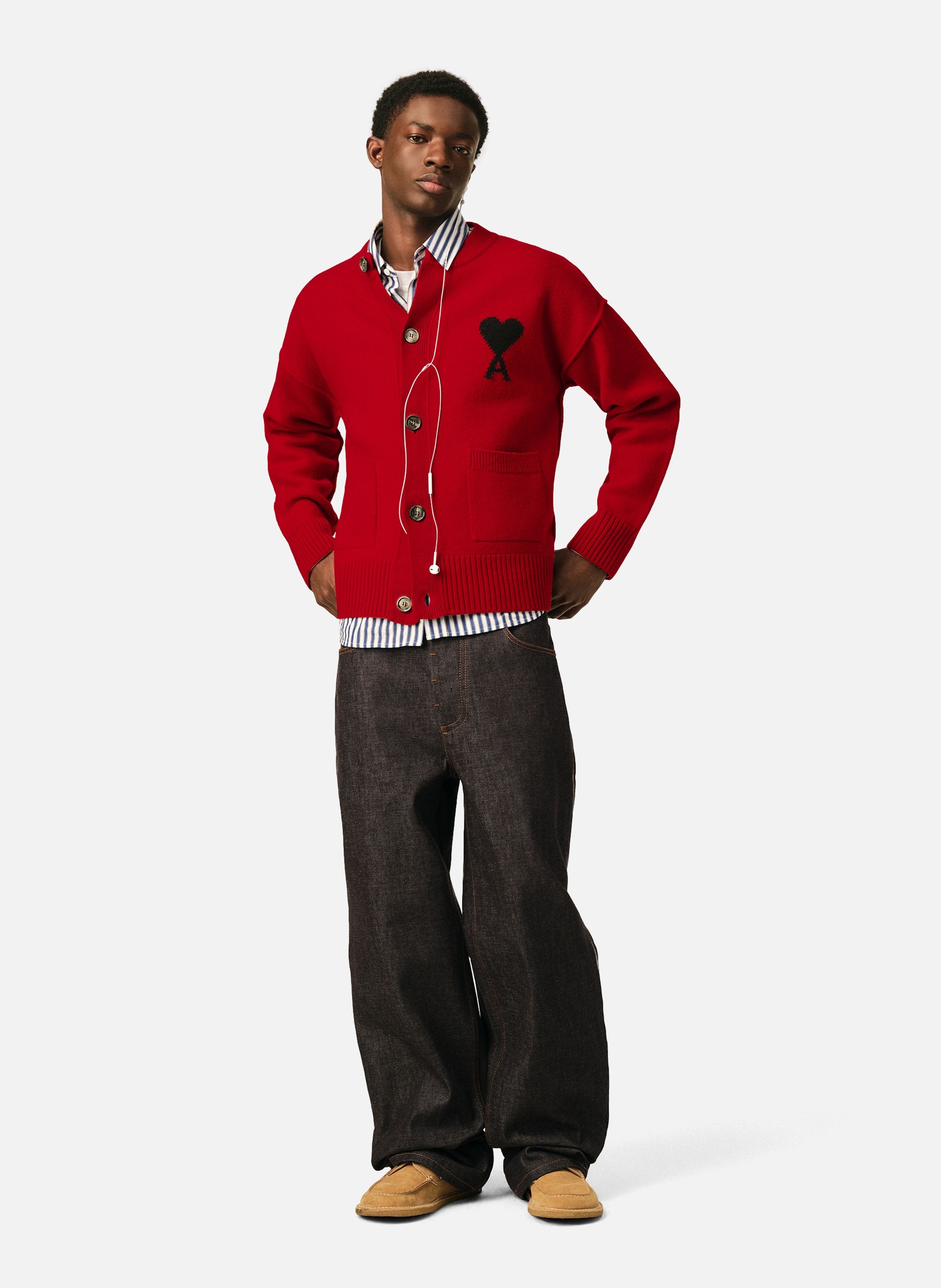 Cardigan col rond unisexe en laine ami de coeur AMI PARIS Rouge