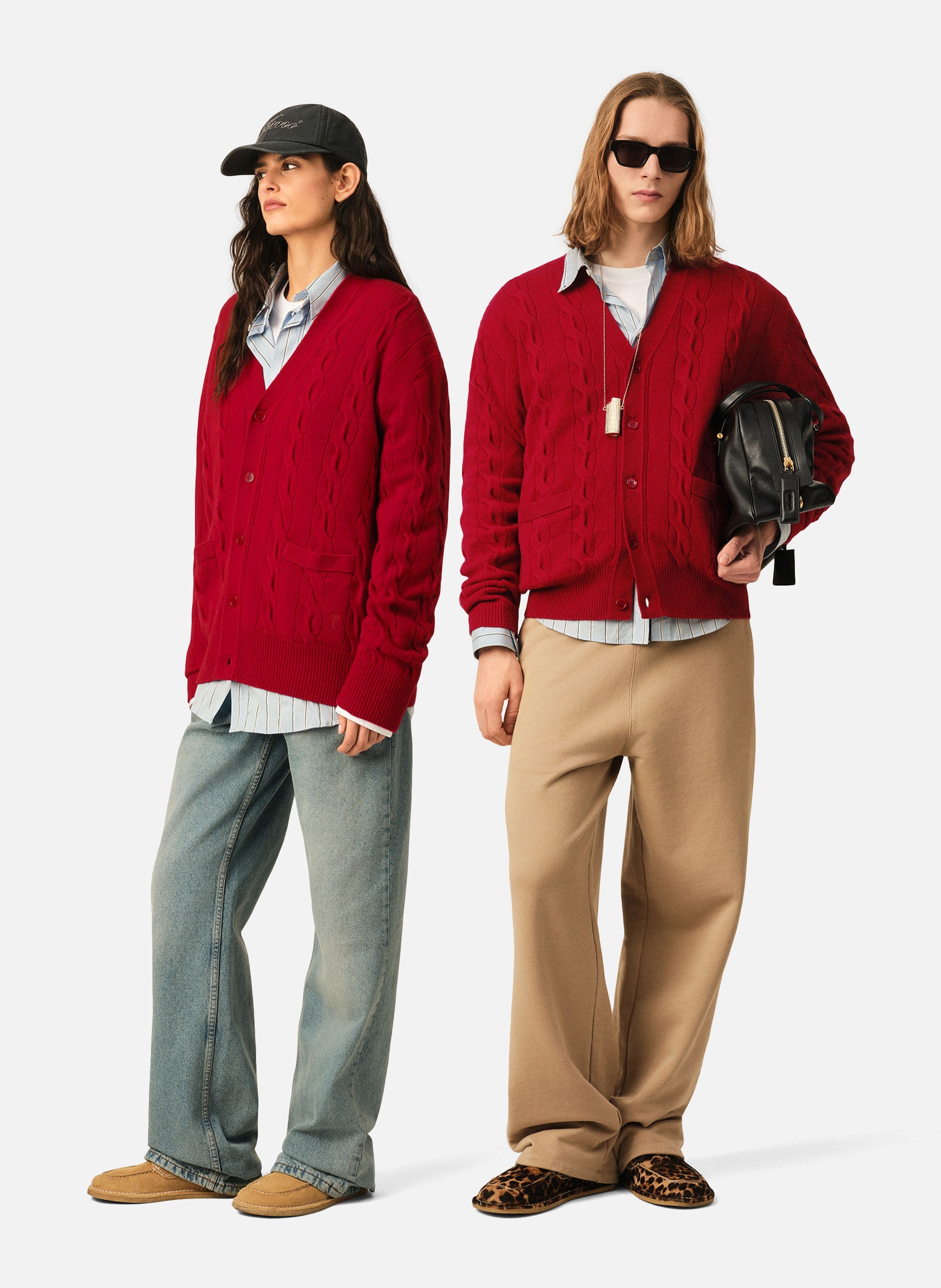 Cardigan torsadé unisexe en laine AMI PARIS Rouge