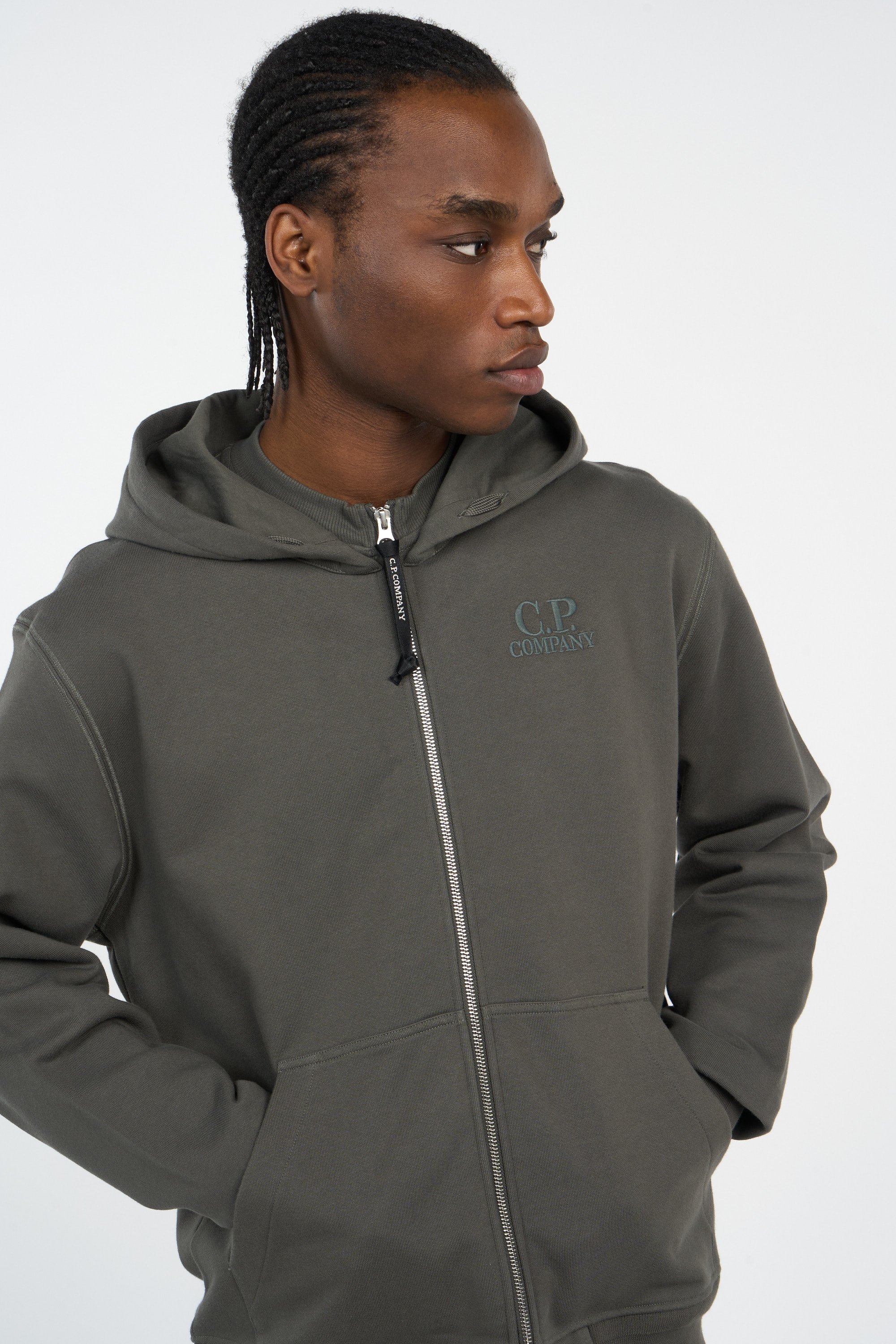 Hoodie zippé diagonal raised fleece zip hooded sweatshirt CP COMPANY Kaki