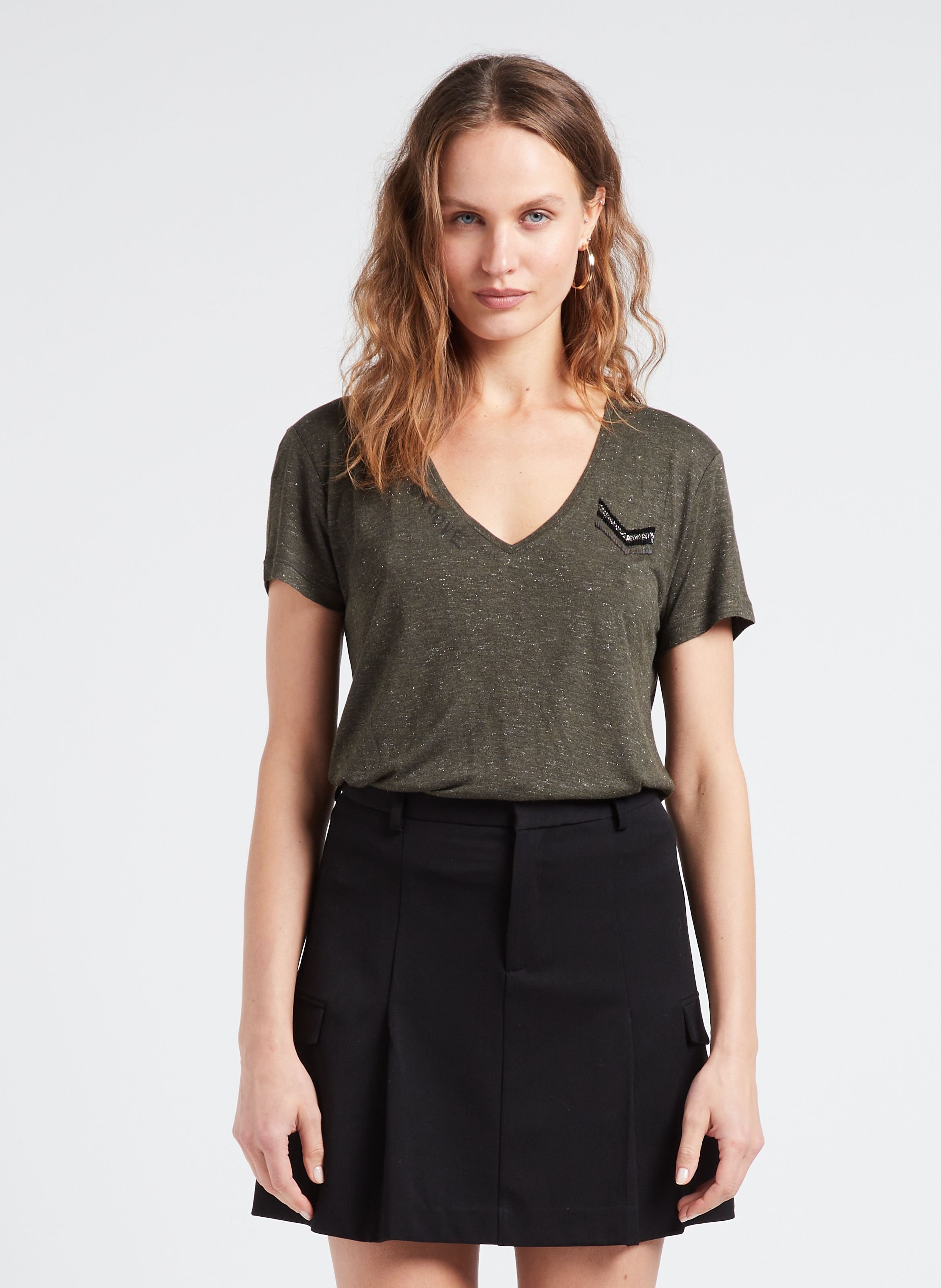 T-shirt col v pailleté