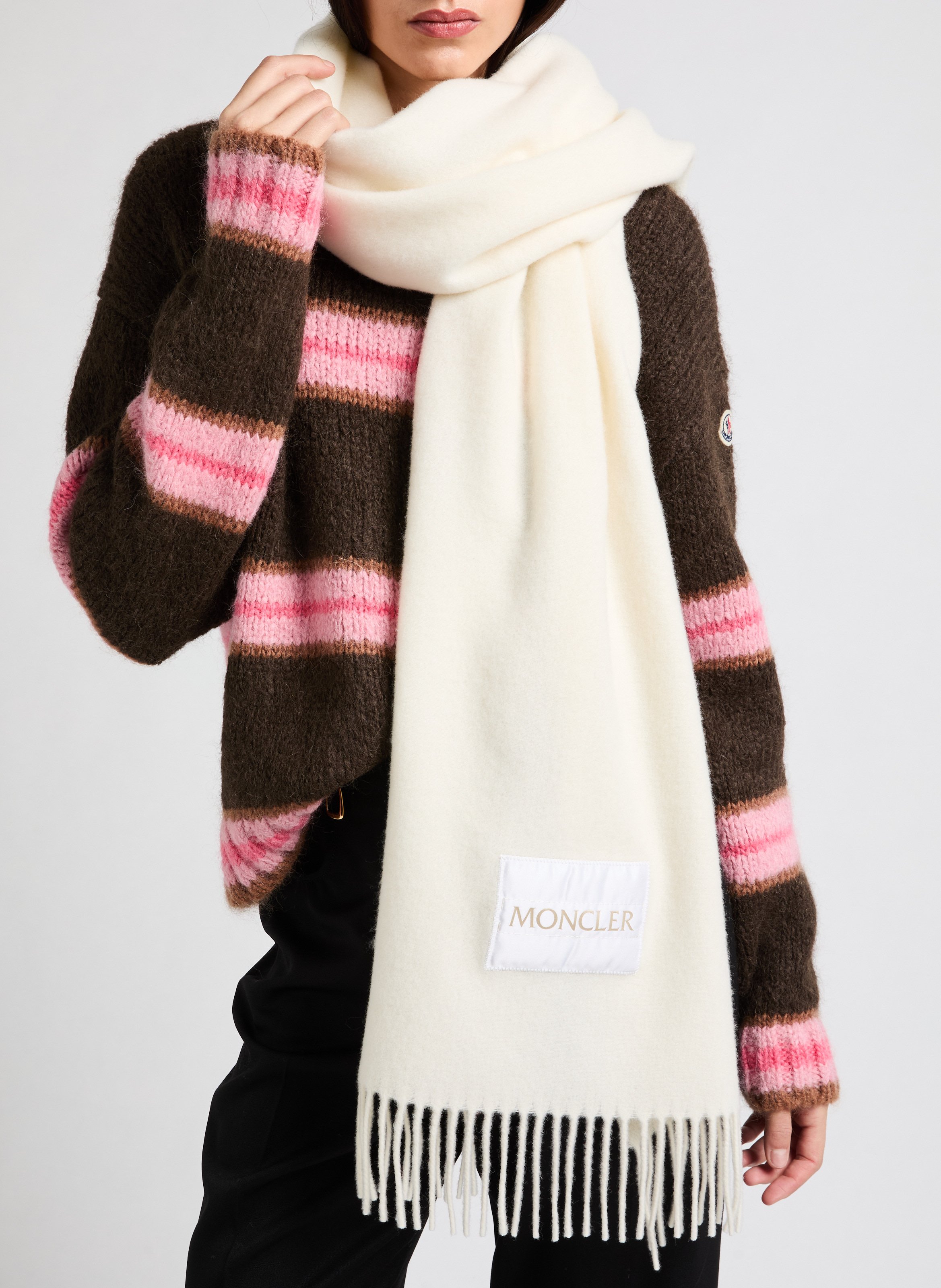 Scarf with a plain and checked appearance Beige