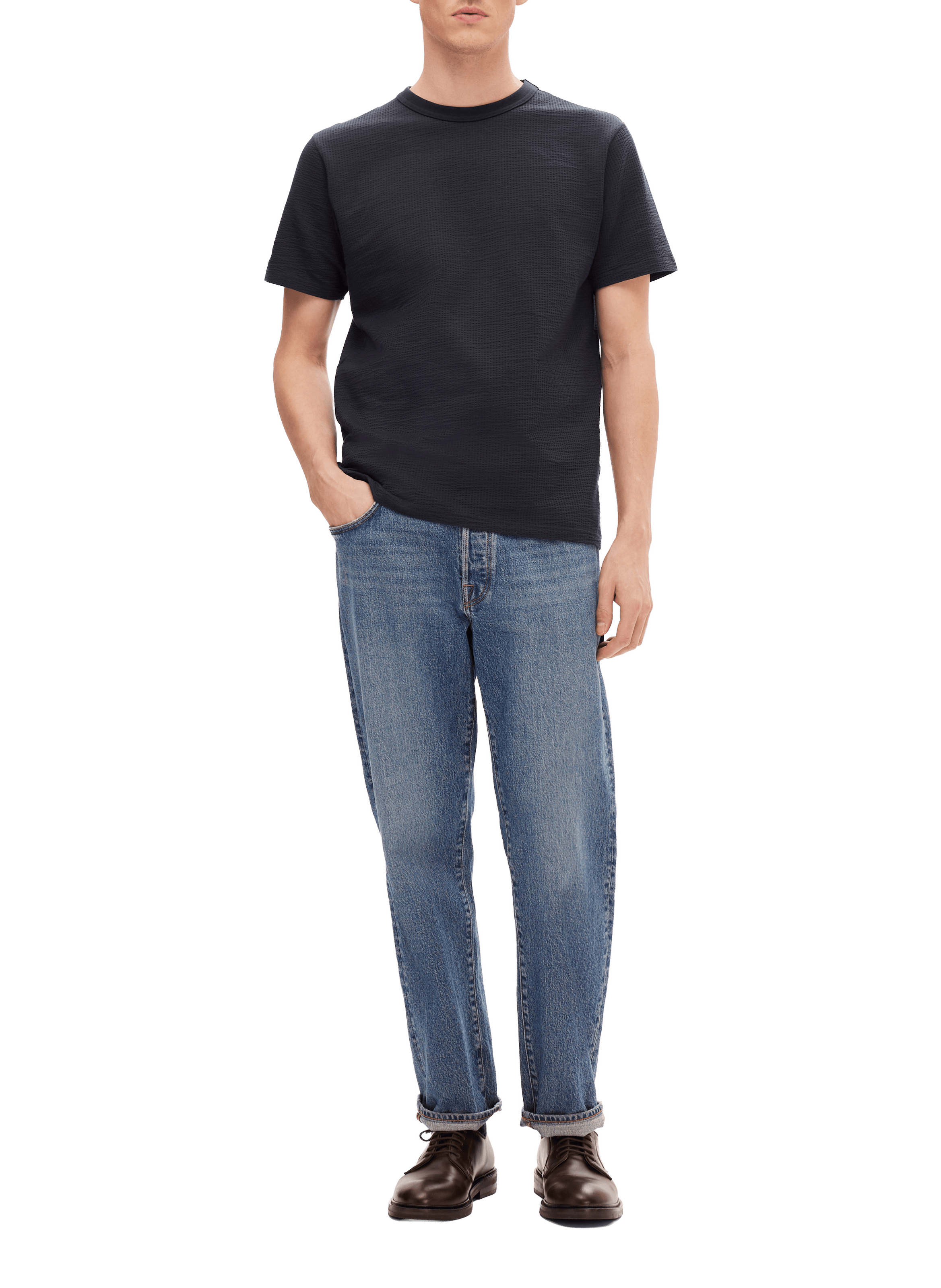 Round neck t-shirt in blended piqué cotton SELECTED Blue