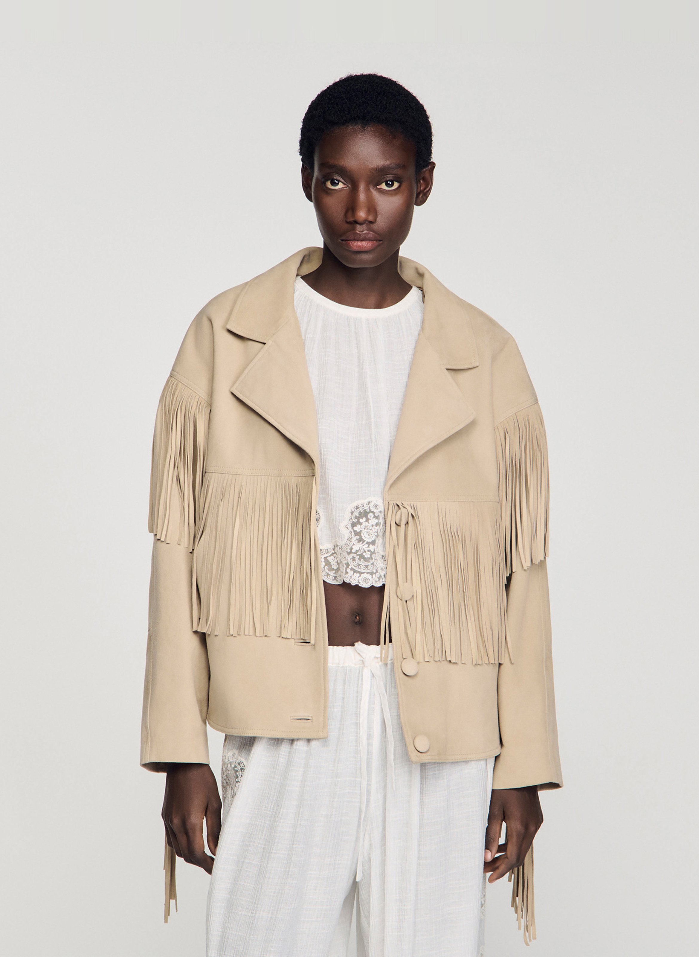 Blouson oversize à franges en suède SANDRO Beige