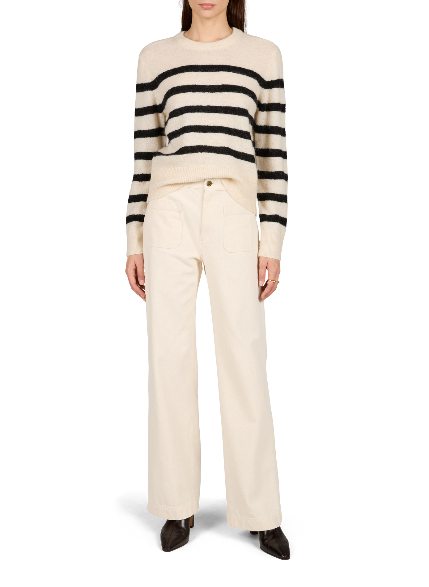 Loose-fitting striped crew-neck sweater OBJECT Beige