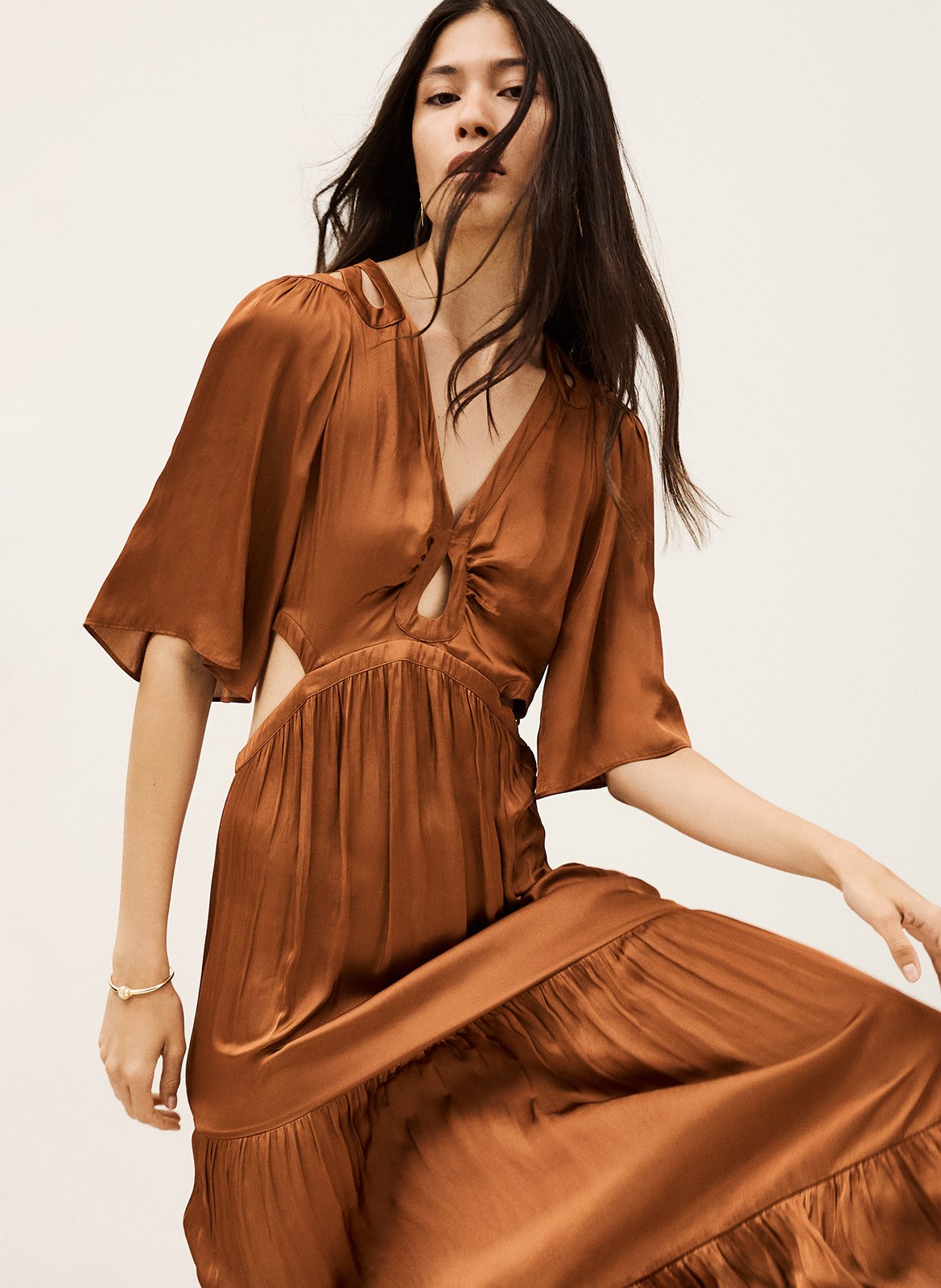 Robe longue col v satinée cylma BA&SH Rose