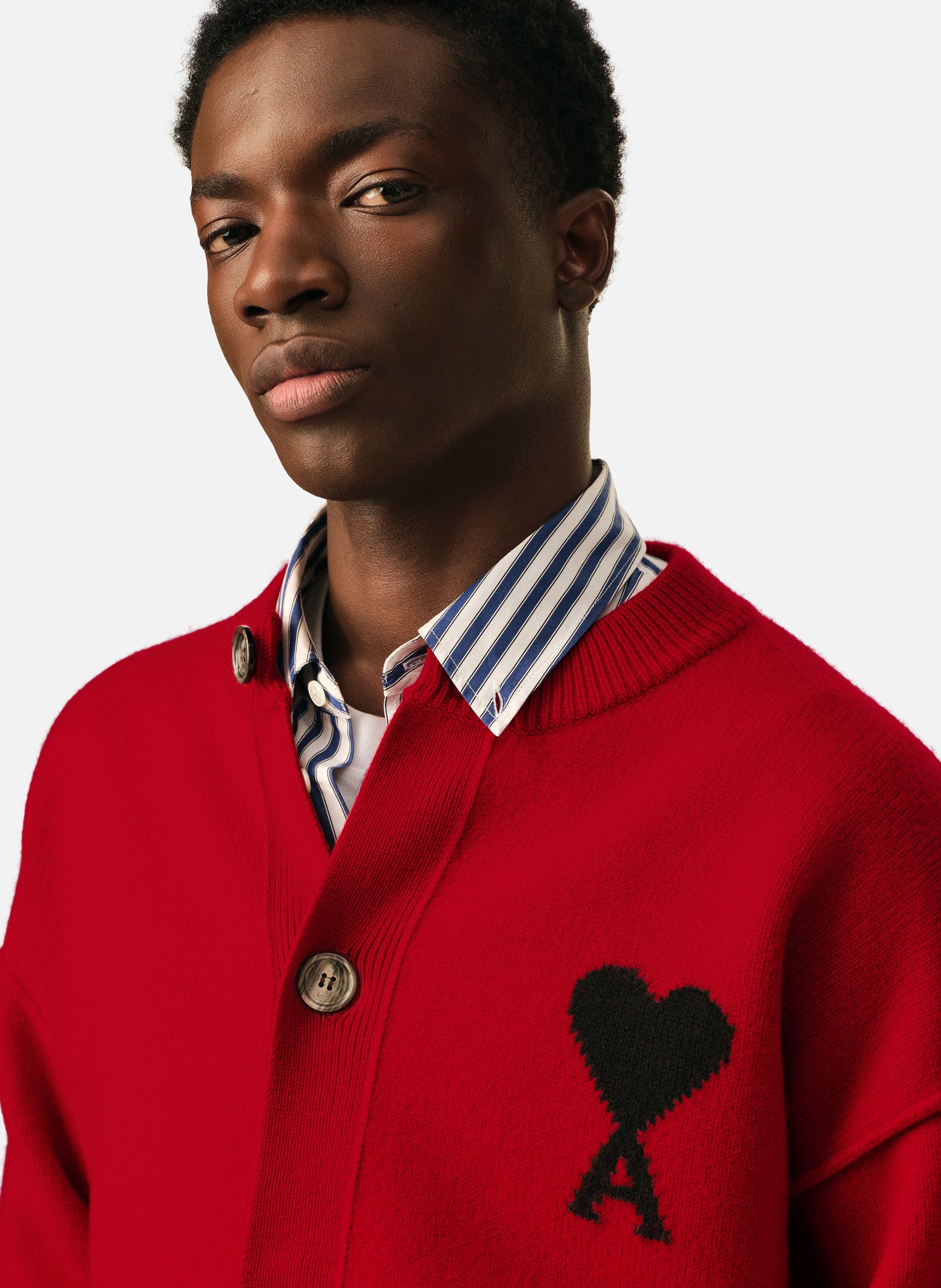 Cardigan col rond unisexe en laine ami de coeur AMI PARIS Rouge