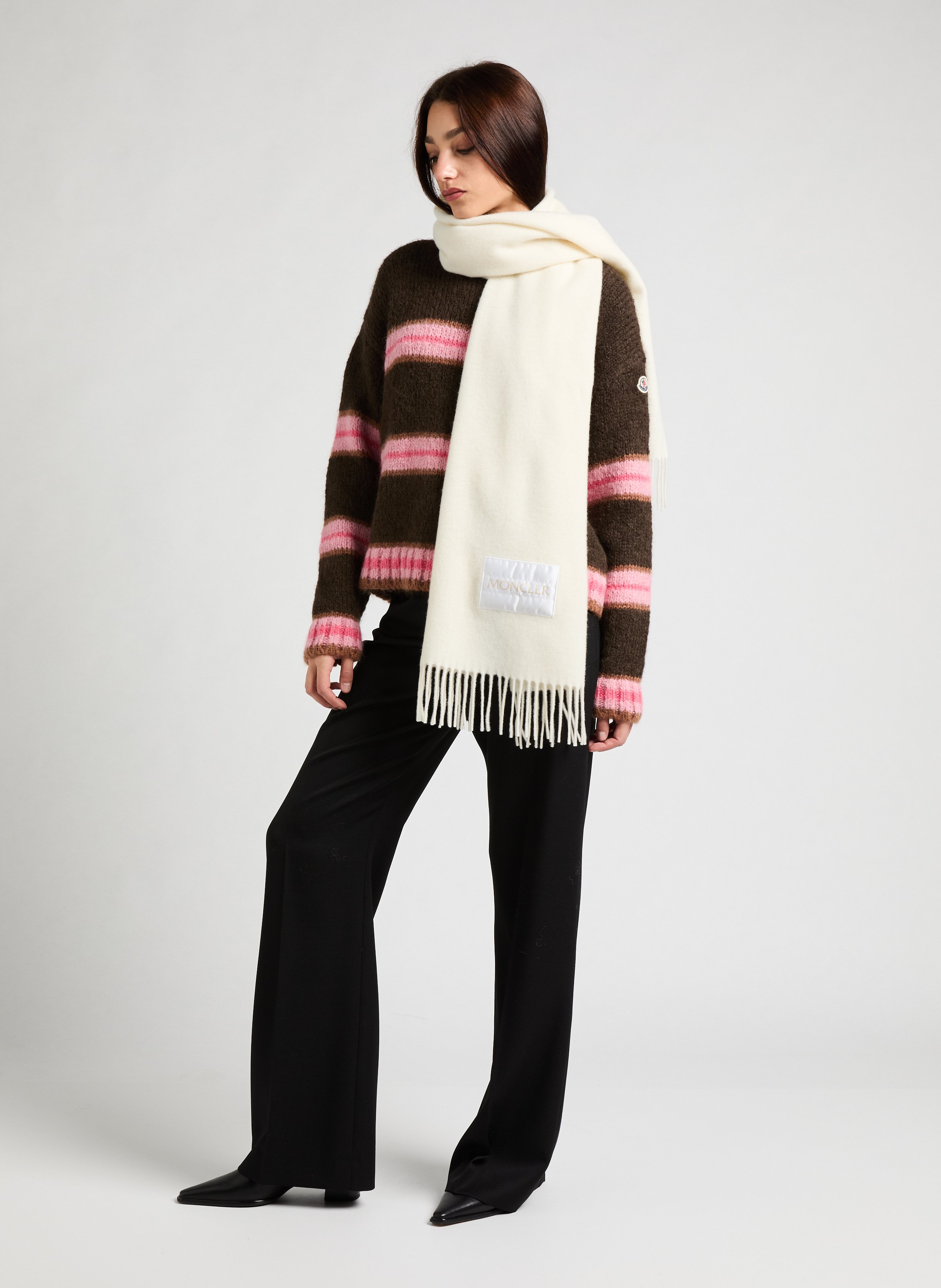 Scarf with a plain and checked appearance Beige