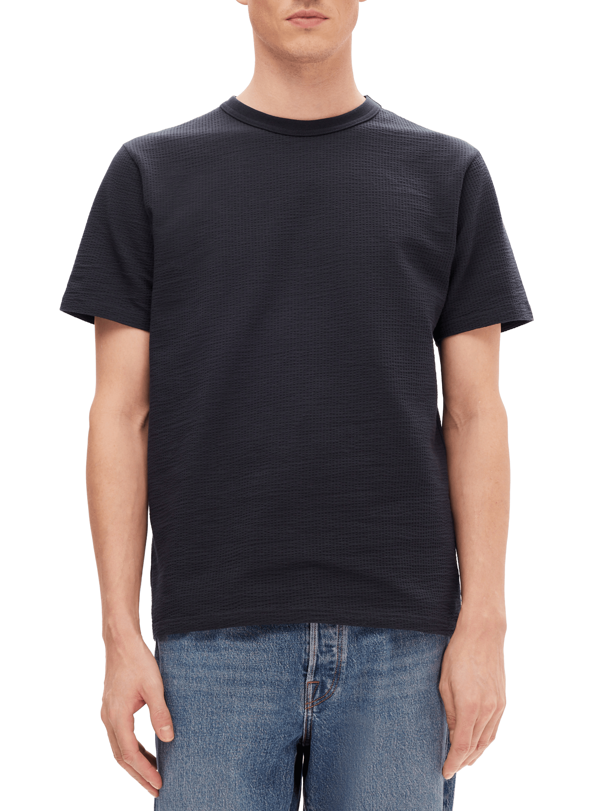 Round neck t-shirt in blended piqué cotton SELECTED Blue