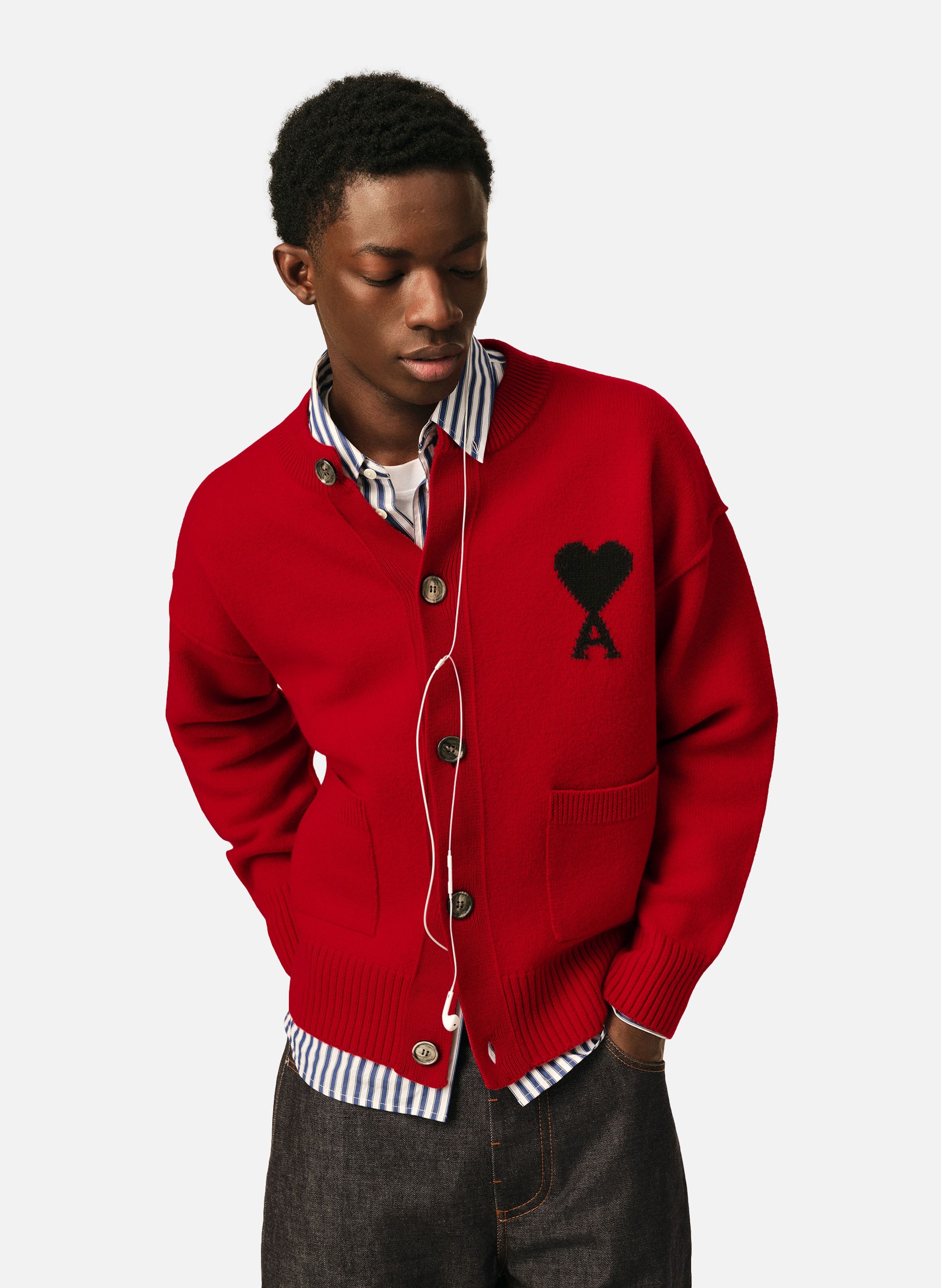 Cardigan col rond unisexe en laine ami de coeur AMI PARIS Rouge