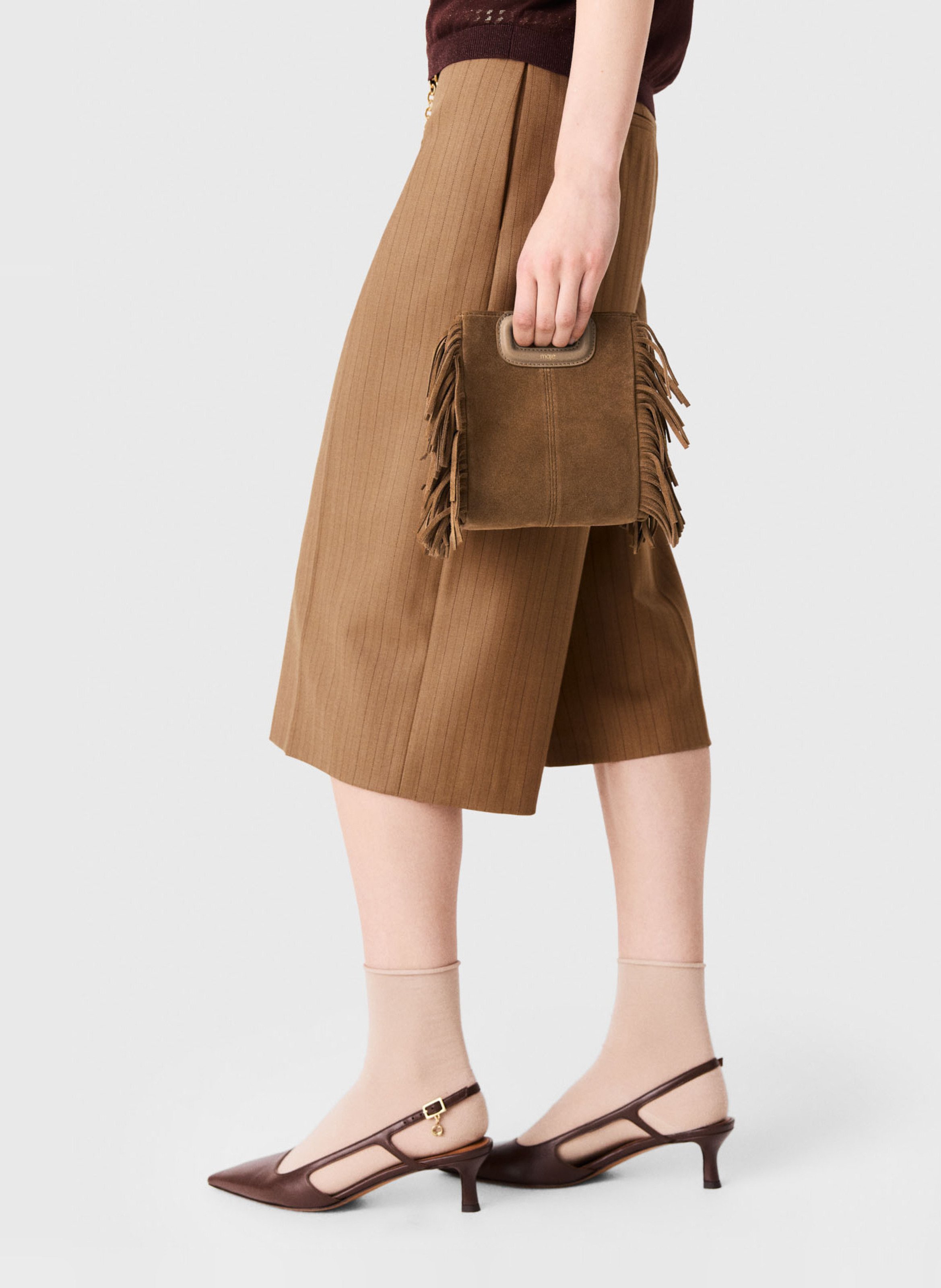 Sac bandoulière à franges en cuir velours m mini MAJE Beige