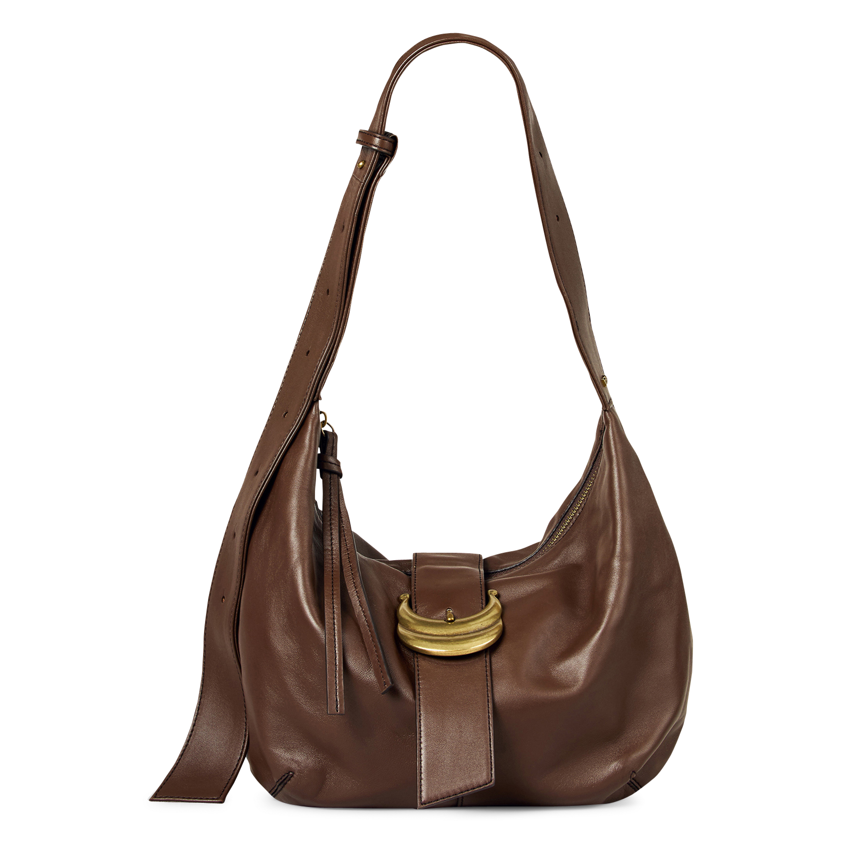 Effen leren hobo-schoudertas met rits Youyou BA&SH Bruin