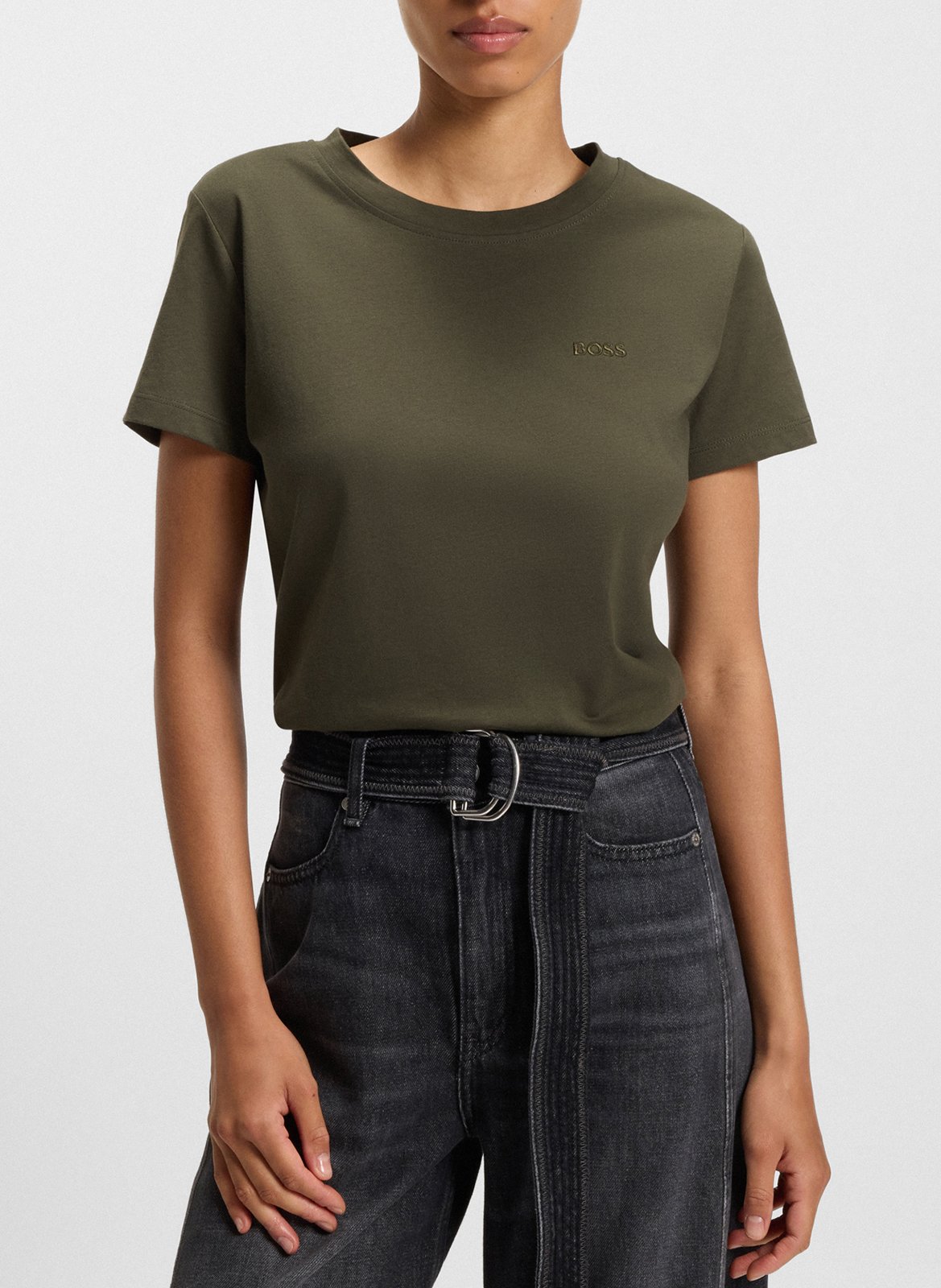 BOSS Tee-shirt droit col rond brodé en laine vierge Vert