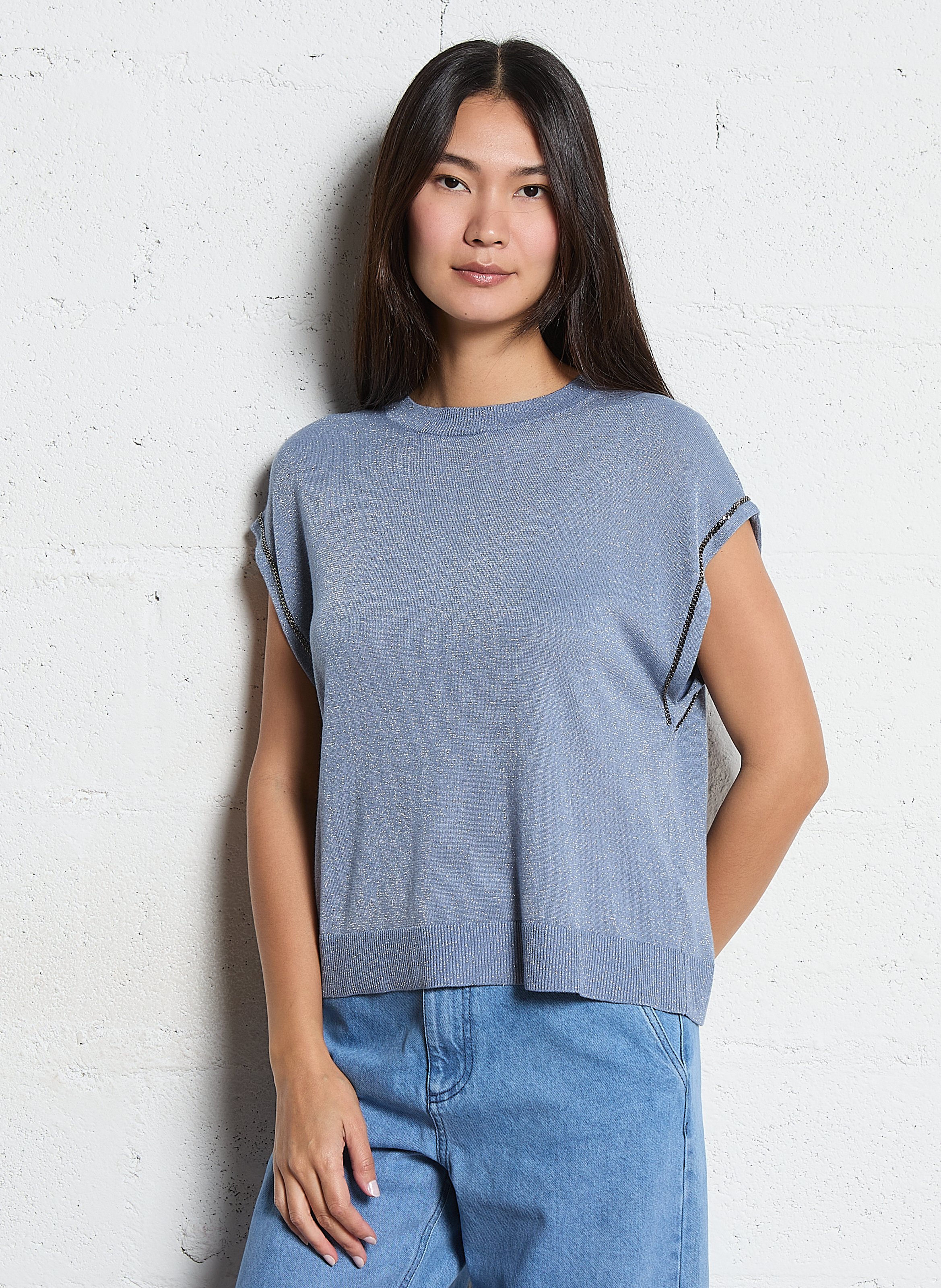 Pull droit sans manches à paillettes IKKS Bleu